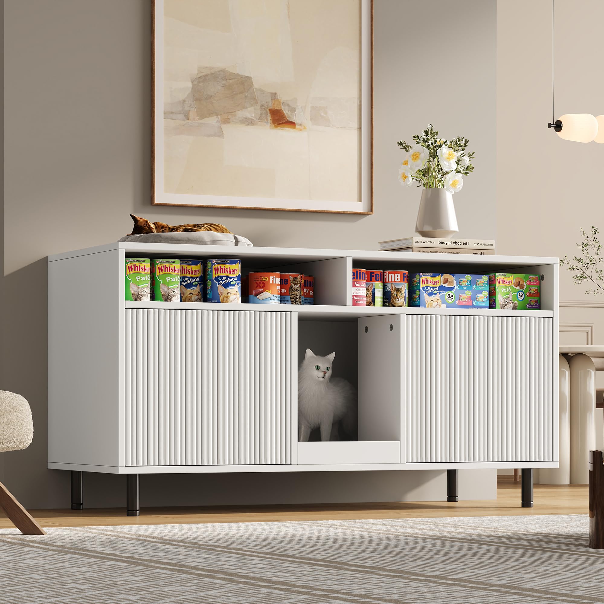 Katzentoiletten-Schrank mit Sandauffangmatte & Ablage, Platzsparendes Haustier-Sideboard zur Katzentoilette, Katzenklo verstecken, Praktisches Katzenzubehör, 120x50x66cm Weiß