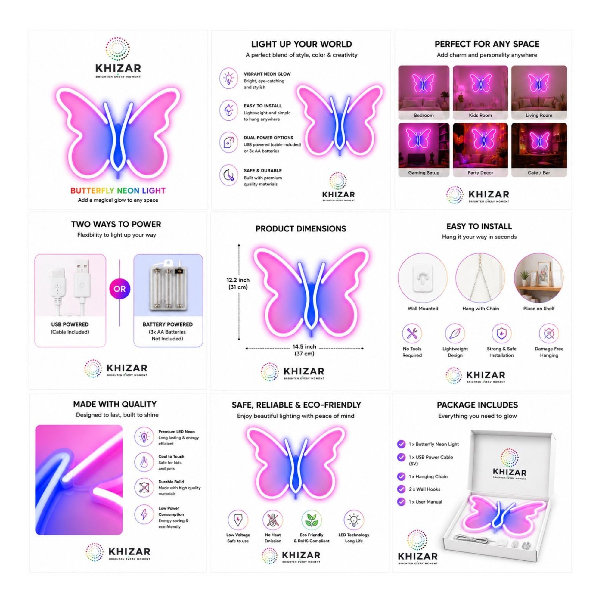 KHIZAR Butterfly Neon LED Light for Bedroom Wall Decor, USB or Battery Powered Neon Night Lamp, Aesthetic Room Decoration for Kids, Girls & Gifting (USB + Battery) 3