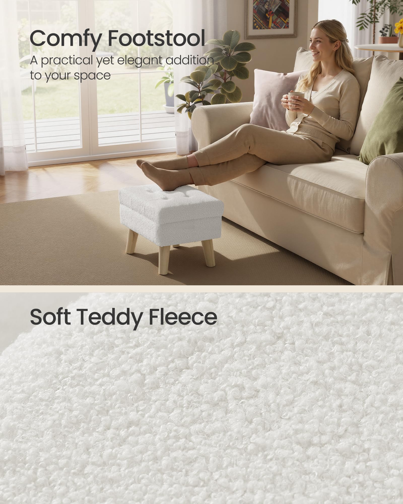 SONGMICS Storage Ottoman, Foot Stool, Ottoman with Padded Seat, Foot Rest with Wood Legs, Small Table, for Hallway, Living Room, 30 x 40 x 30 cm, Teddy Fleece, Cream White ULOM518WD01 — view 4