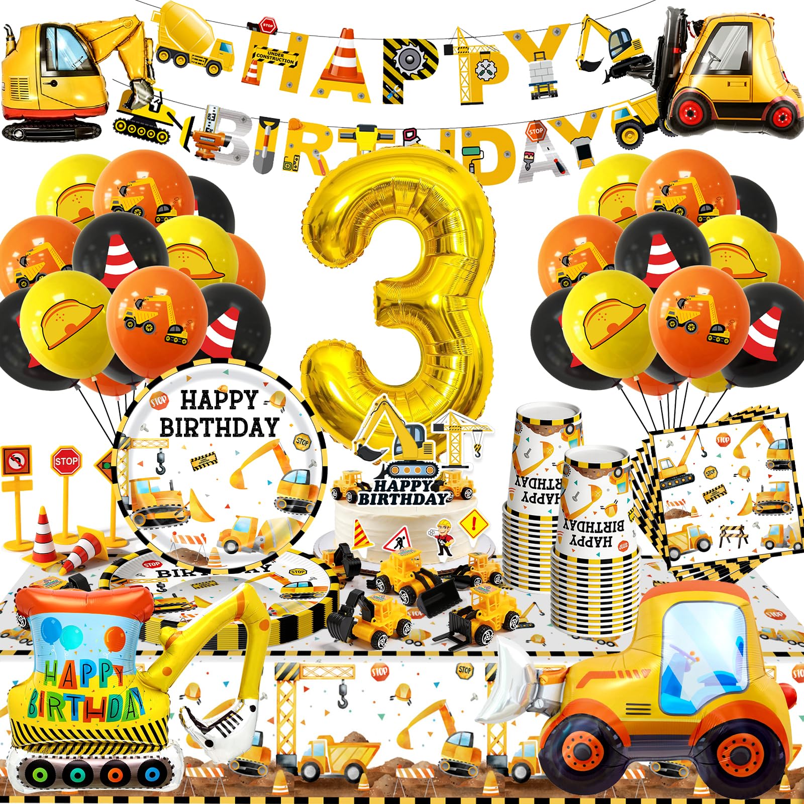Bagger Deko Kindergeburtstag, Baustelle Partygeschirr mit Luftballons Pappteller Tischdecke Tortendeko für Geburtstag Junge Mädchen 2 3 4 5 Jahre, 16 Gäste