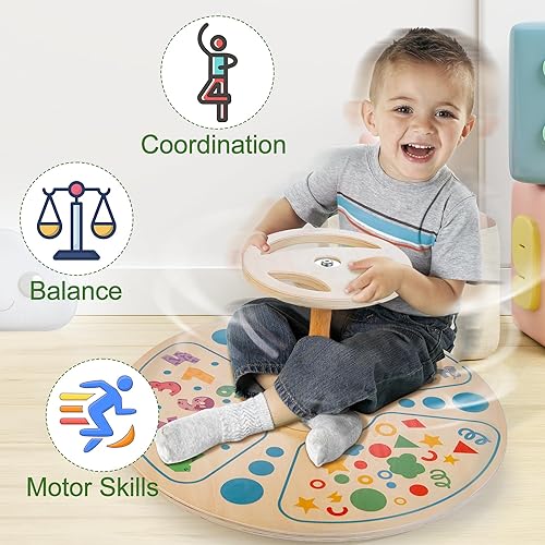 Miniatura 6 de Juguetes de madera Sit 'n Spin para niños y todas las edades, juguetes clásicos de actividades giratorias, tamaño más grande, asiento giratorio de