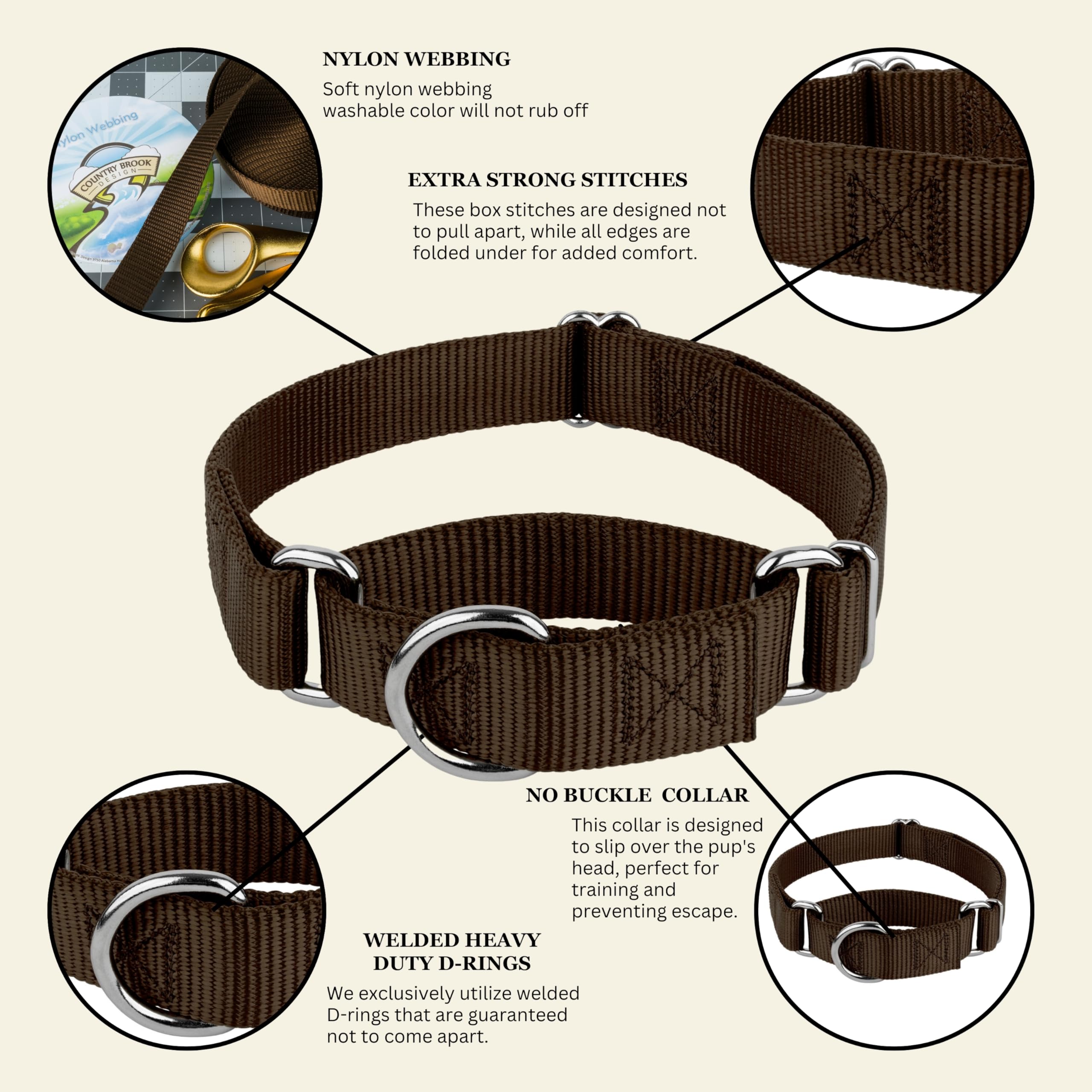 Country Brook Petz - Collar para perro de nailon marrón Martingale (extra grande, 2,5 cm de ancho)