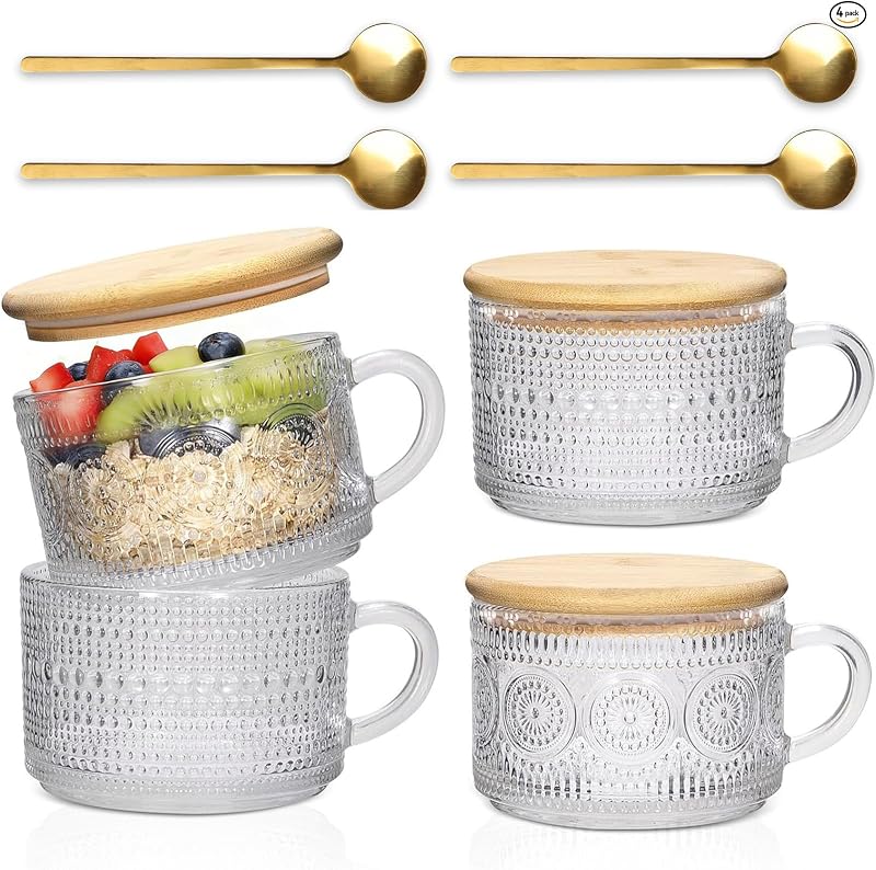 Vintage Coffee Mugs 4pcs Set, 14 Oz Glass Coffee Cups Gifts for Women, Overnight Oats containers with Bamboo Lids and Spoons,Clear Embossed Glass Cups,Cute Coffee Bar Accessories, Iced Coffee Glasses | Clear