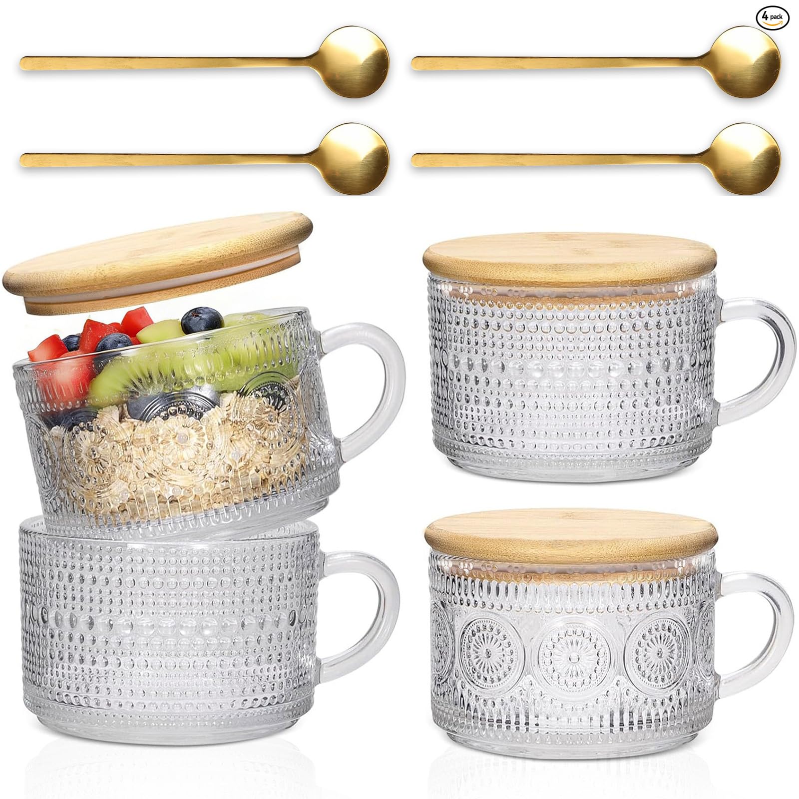 Vintage Coffee Mugs 4pcs Set, 14 Oz with Bamboo Lids