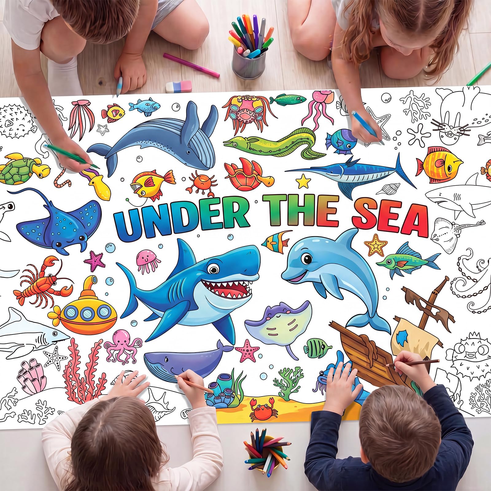 Under The Sea Giant Colouring Poster/Tablecloth, 30 x 72Inch Summer Ocean Craft for Kids Art Crafts Paper Banner Kid Games Activities,Colouring Tablecloth Crafts for Classroom Wall School Home Parties
