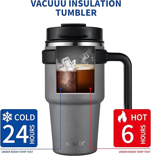 Miniatura 4 de ALOUFEA Taza de café aislada de 20 onzas con asa, vaso de viaje de acero inoxidable con tapa y popote, taza térmica de doble pared al vacío a prueba