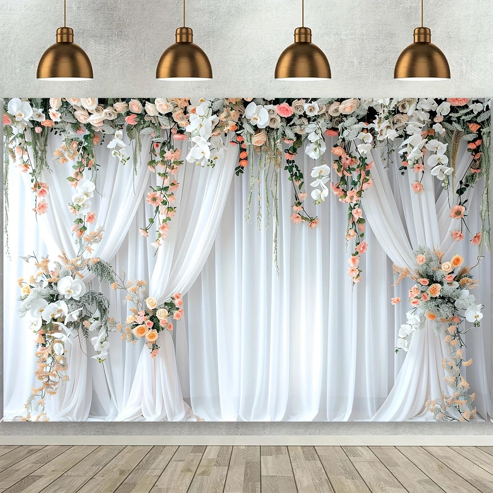 Tissu de Rideau Blanc avec des Bords de Couronne Florale pour Les fêtes de Photographie, Les Anniversaires, Les douches nuptiales et Les Accessoires de Photographie à Domicile 350x230cm