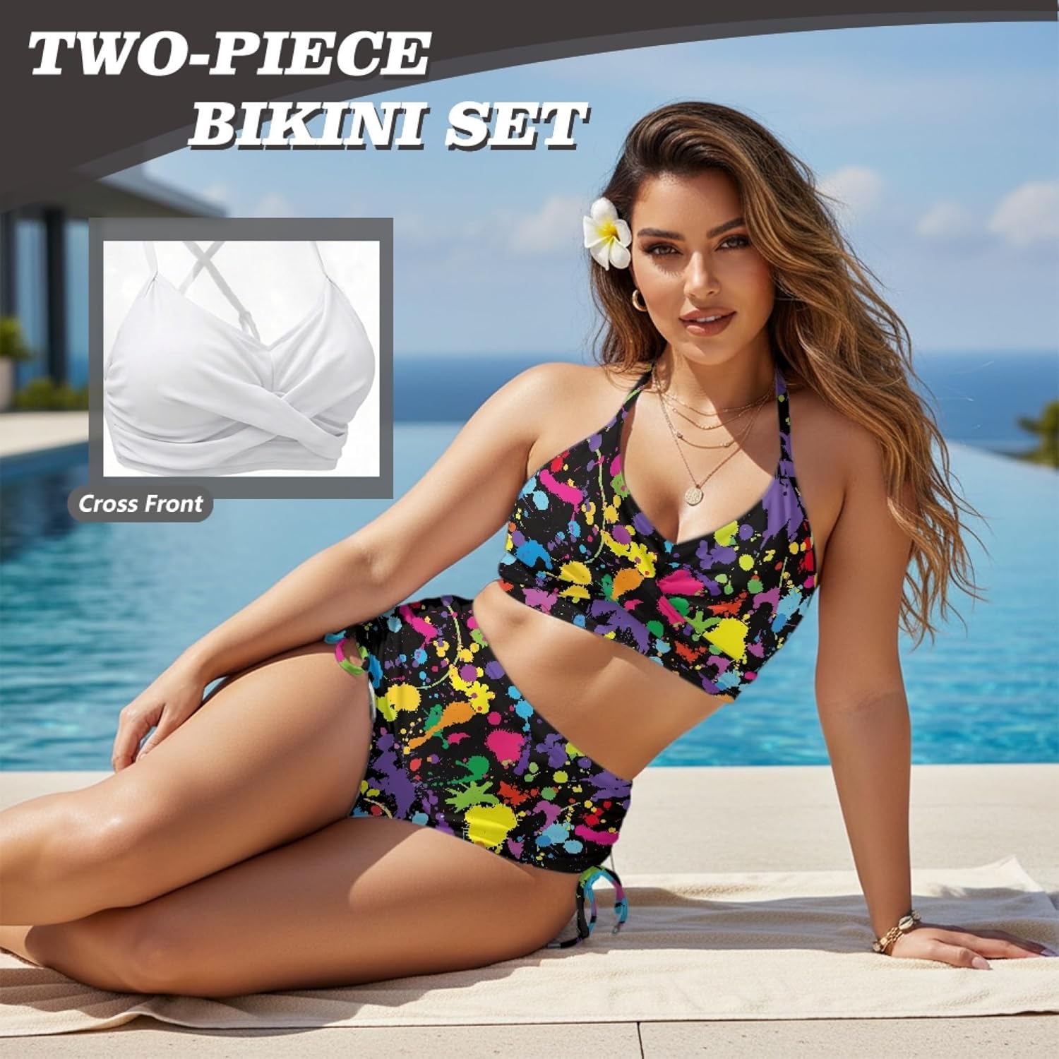 Cumagical Plus Size Two Piece Bikini Set Women Plus Size Stretchy Elegant Vacation Bathing Suit for Women Tummy Control