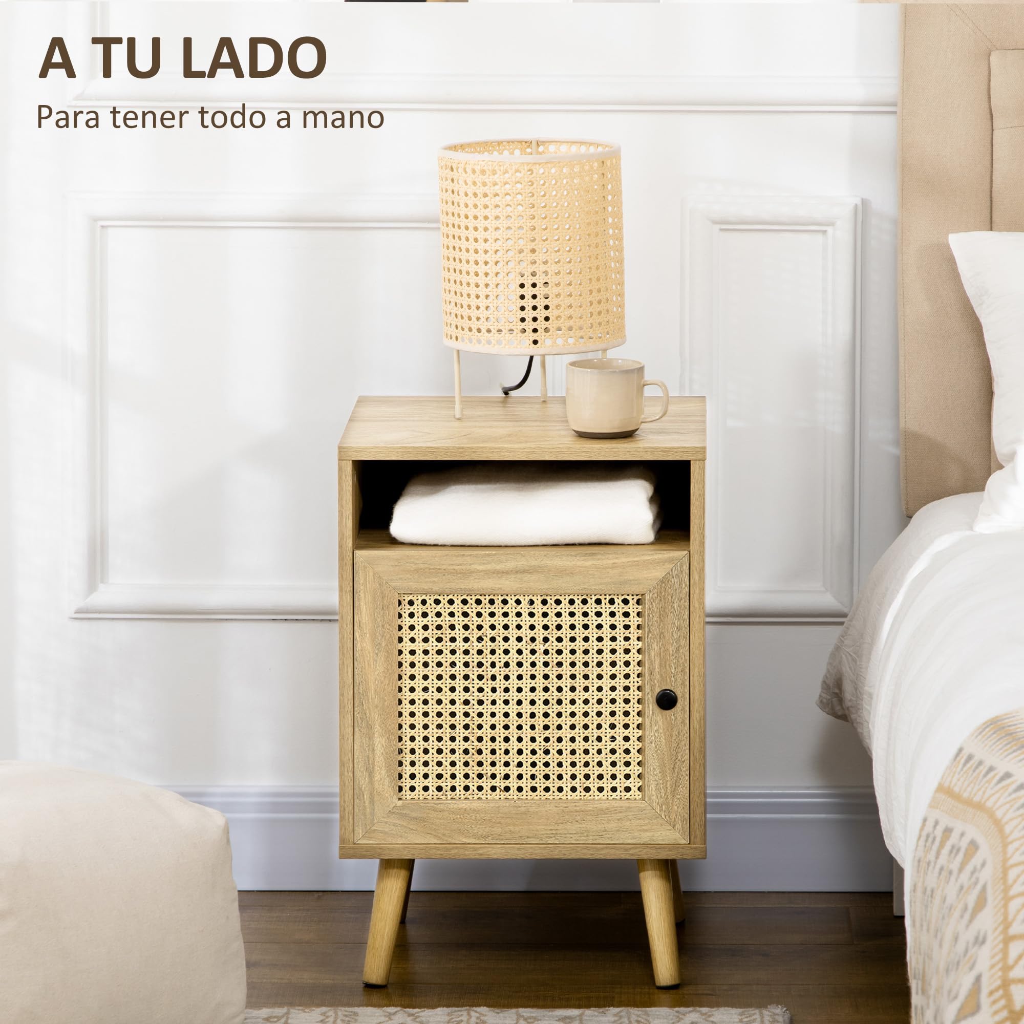 HOMCOM Juego de 2 Mesitas de Noche con Puerta de Ratán Mesillas de Noche con Estante Abierto Mesas Auxiliares para Dormitorio Salón 39x35x60 cm Natural