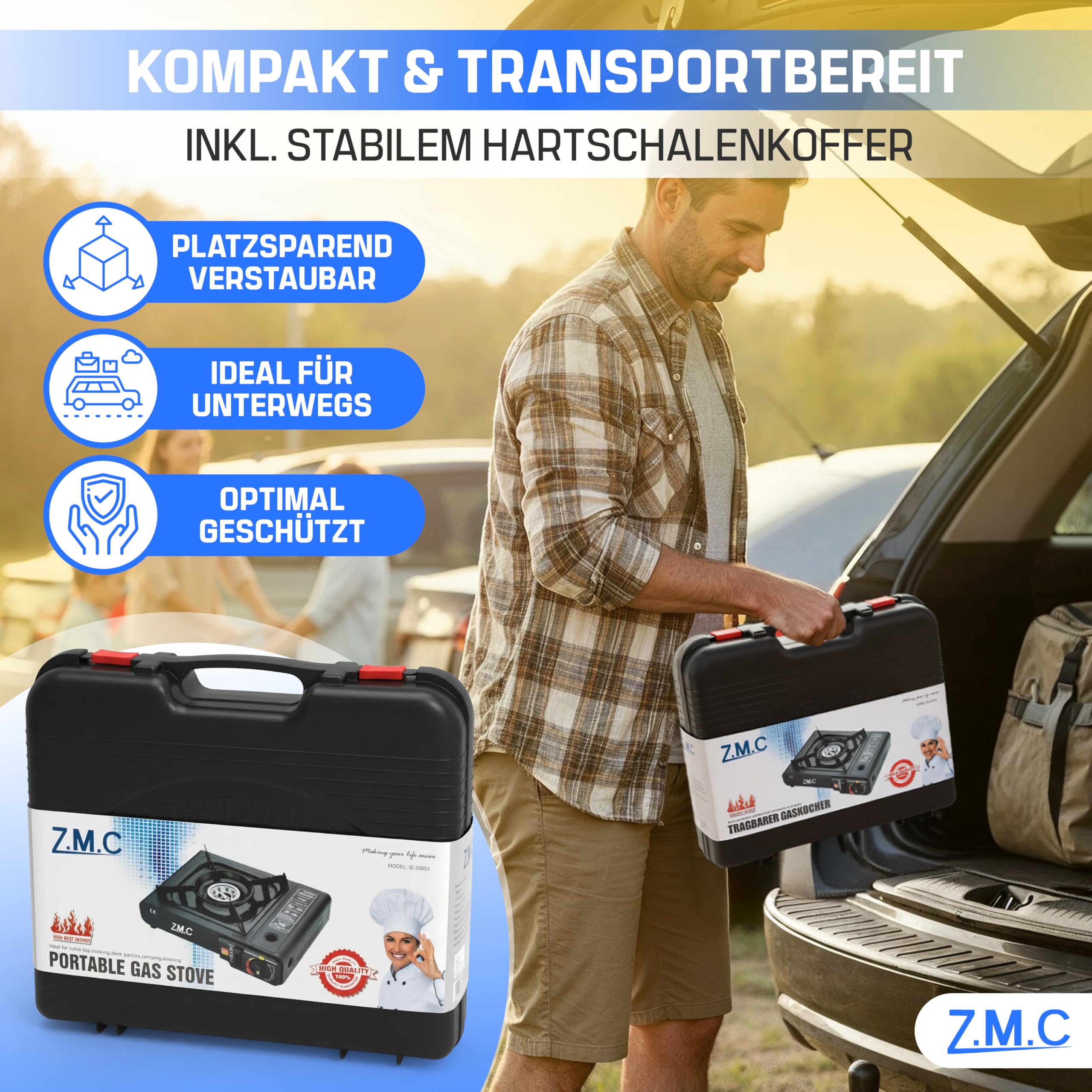 Z.M.C Gaskocher 1-flammig 2,2 kW | Campingkocher mit Piezo-Zündung, Transportkoffer & LPG-Adapter | Optional mit Gaskartuschen 227g & Grillplatte | für Camping, Outdoor & Notfall