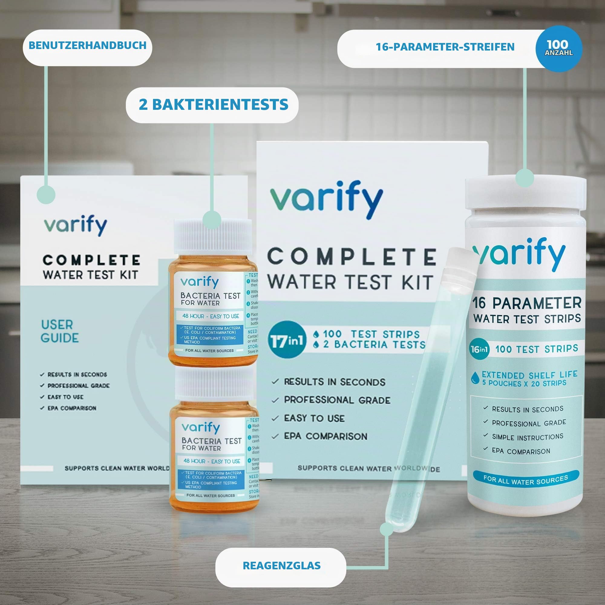 Varify 17-in-1 Komplett-Trinkwassertest-Set – 100 Streifen + 2 Bakterientest-Kits – Teststreifen für Brunnen-, Leitungs-, Haus- und Stadtwasser auf Blei, Alkali, Chlor, Härte, Eisen, Fluorid