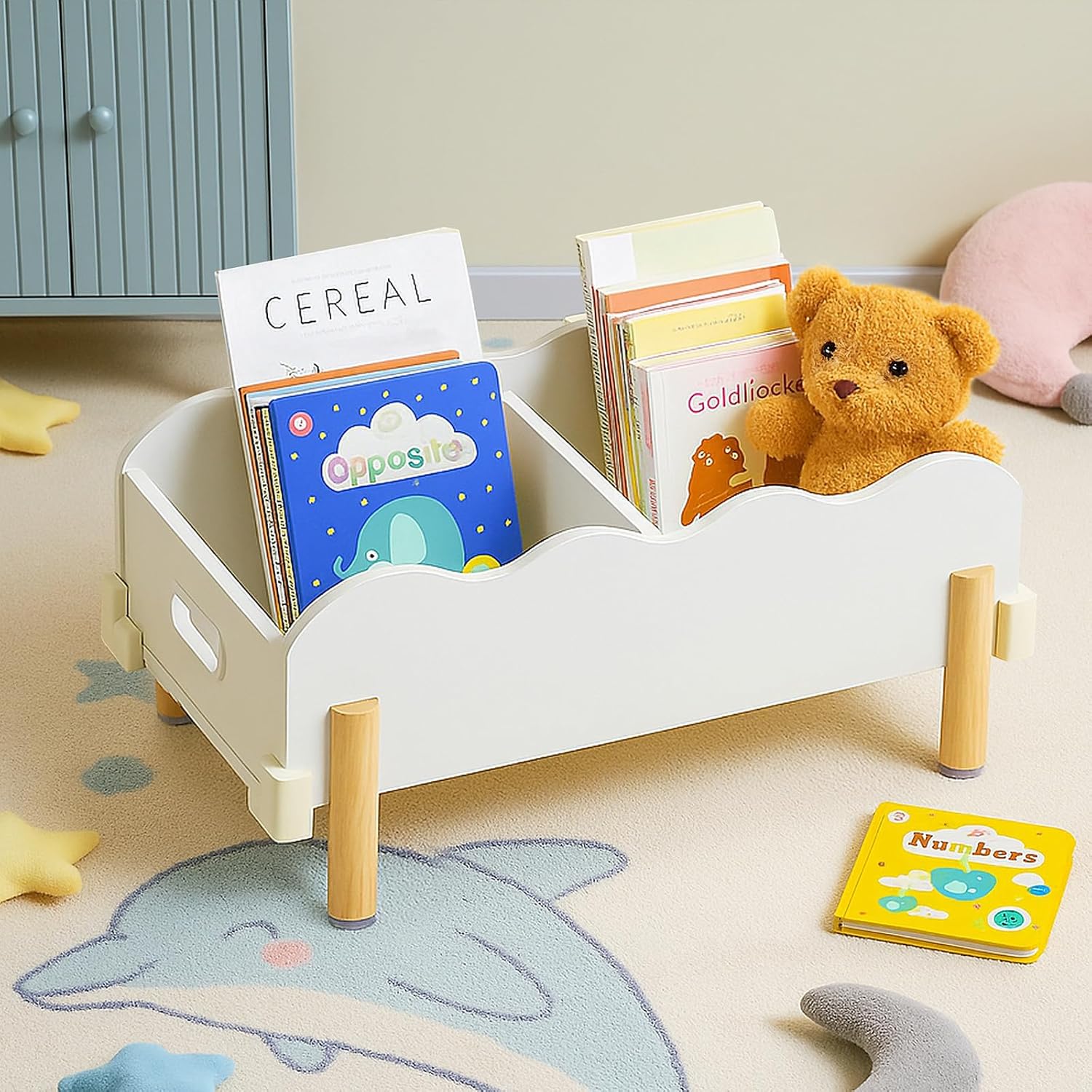 HouseJoy Wooden Bookself for Kid, White Kids Bookshelf and Toy Storage, Toddler Bookshelf for with 2 Adjustable Divider, Baby Bookcase for Children's Room Classroom Nursery