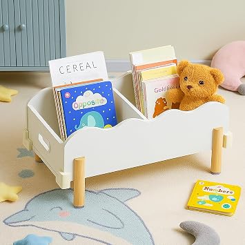 HouseJoy Wooden Bookself for Kid, White Kids Bookshelf and Toy Storage, Toddler Bookshelf for with 2 Adjustable Divider, Baby Bookcase for Childrens Room Classroom Nursery