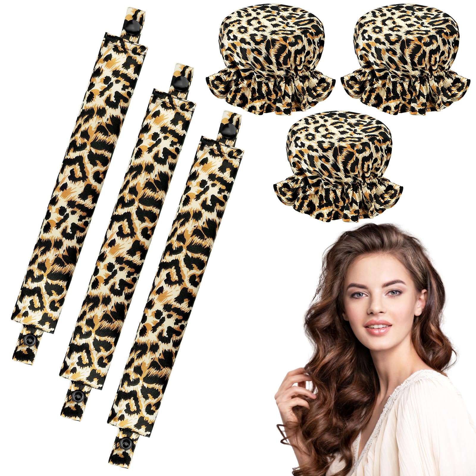 Locken Ohne Hitze, 3 Stück Heatless Curls Set Lockenwickler, Neu Rutschfest Heatless Curls, Heatless Curls Silk Haarcurler für Kurzes, Mittleres, Langhaarmädchen, DIY Overnight Curls(Leopardenmuster)