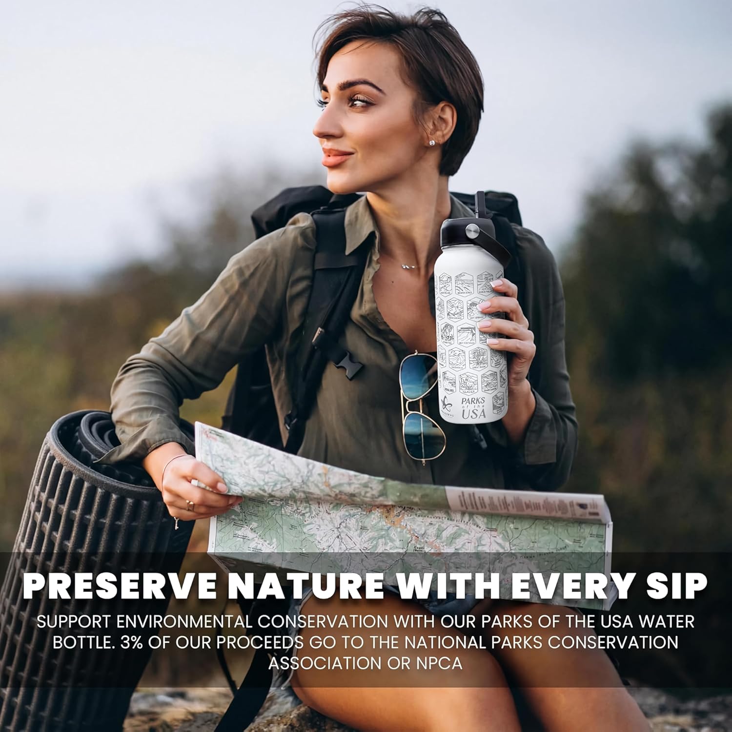 National Parks Water Bottle With Stickers 63 USA National Park - 32oz 316 Stainless Steel, Double-Wall Vacuum Insulated, 3-Lid Set (Spout, Straw & Wide Mouth Lids), Laser Engraved Bottle + Stickers.
