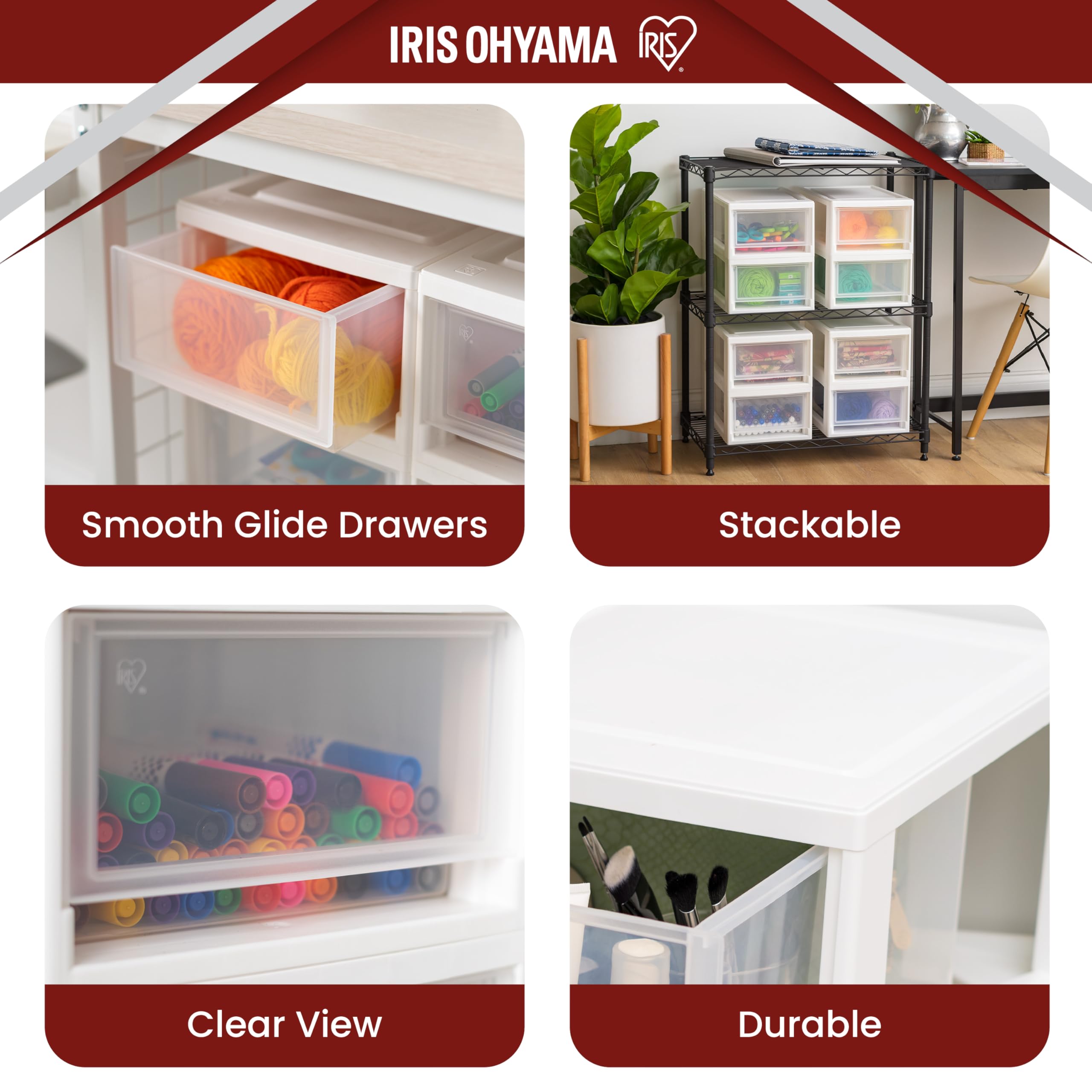 Iris Ohyama, Przezroczysty plastikowy drawer, możliwość układania w stos, biały, 7 l, zestaw 3 sztuk, wielofunkcyjny, widoczna zawartość, do łazienki, zabawek, biura, klatki piersiowej, organizera,