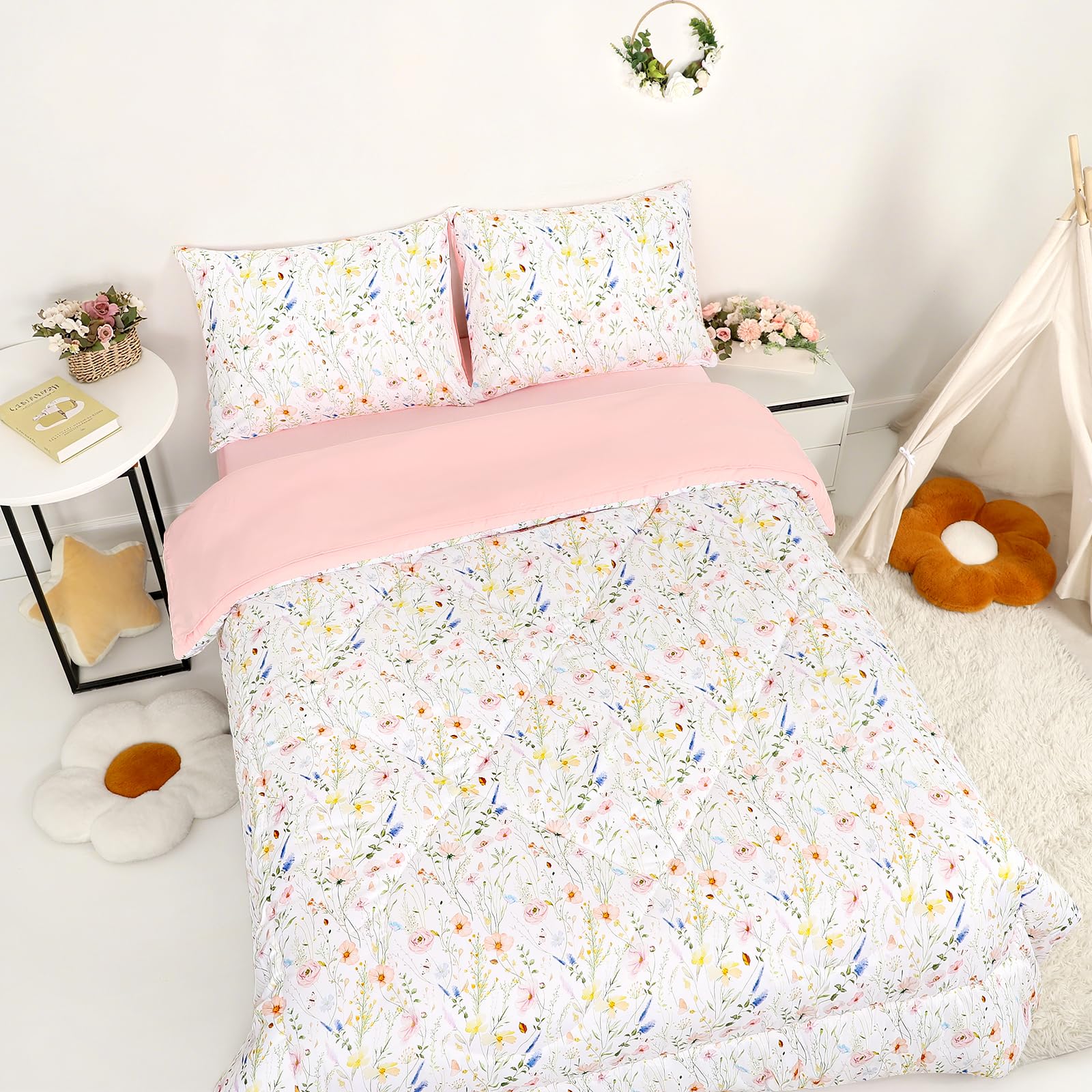 Twin Size Toddler Bedding Set for Girls- 5 Piece Toddler Girl Bedding, Super Soft & Lightweight Toddler Comforter Set Includes Comforter, Flat Sheet, Fitted Sheet, Pillowcase (Pink Flowers)