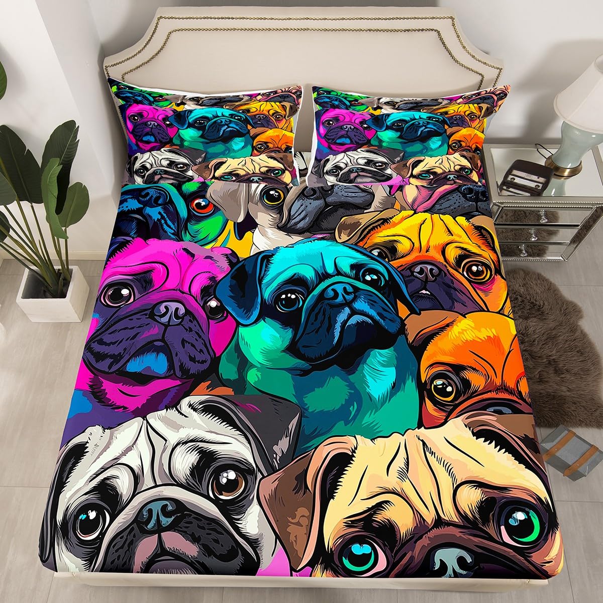 Erosebridal Pug Fitted Sheet Lovely Dog Bedding Set Colorful Pugs Bed Cover for Kids Boys Girls Cartoon Pet Animals Bedclothes with 1 Pillow Case Twin