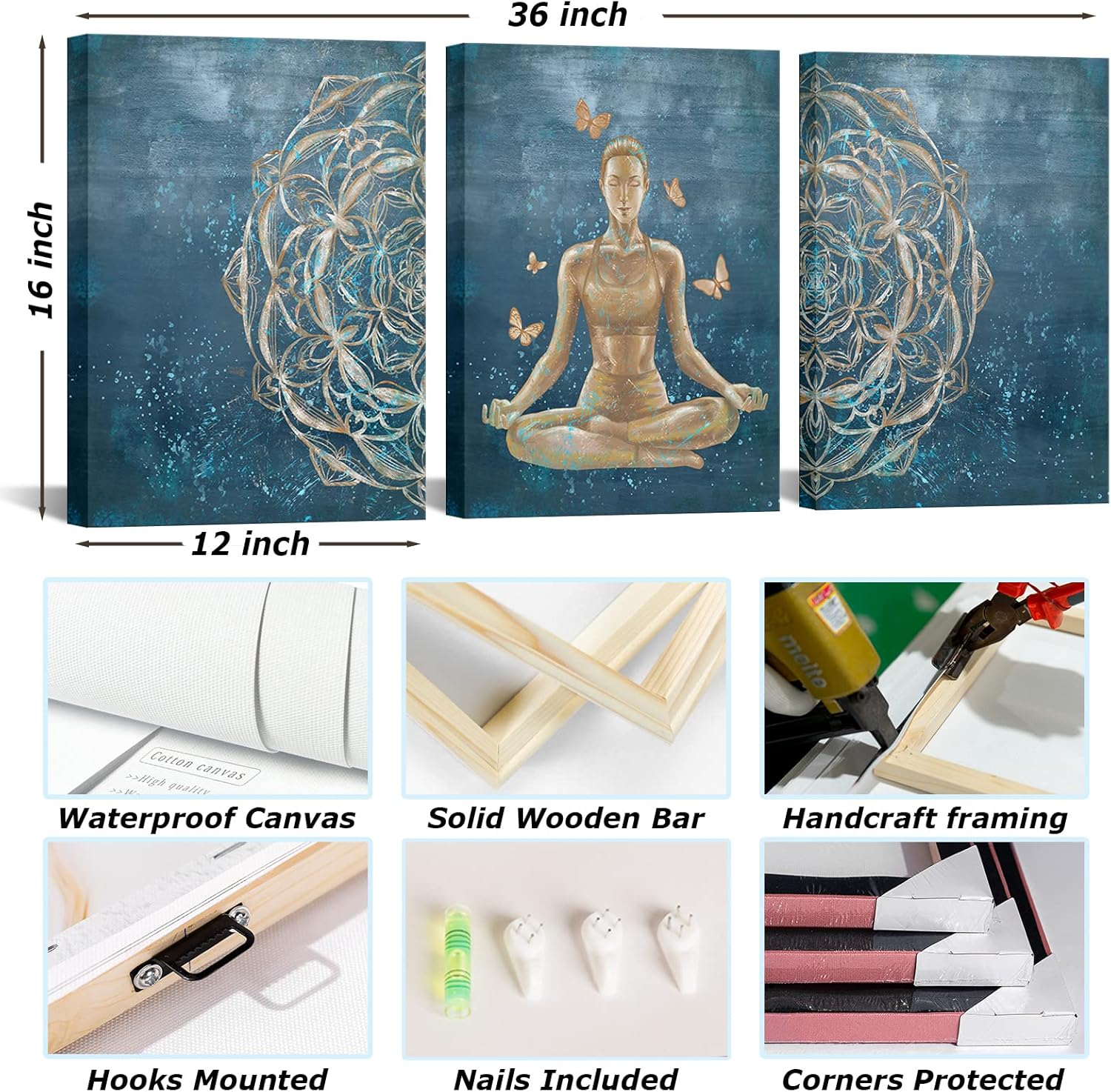Conipit Mandala Wall Art Canvas Yoga Pictures Zen Artwork Meditation Women Painting for Bedroom Gym Fitness Center Decor 12"x16" x 3Pcs
