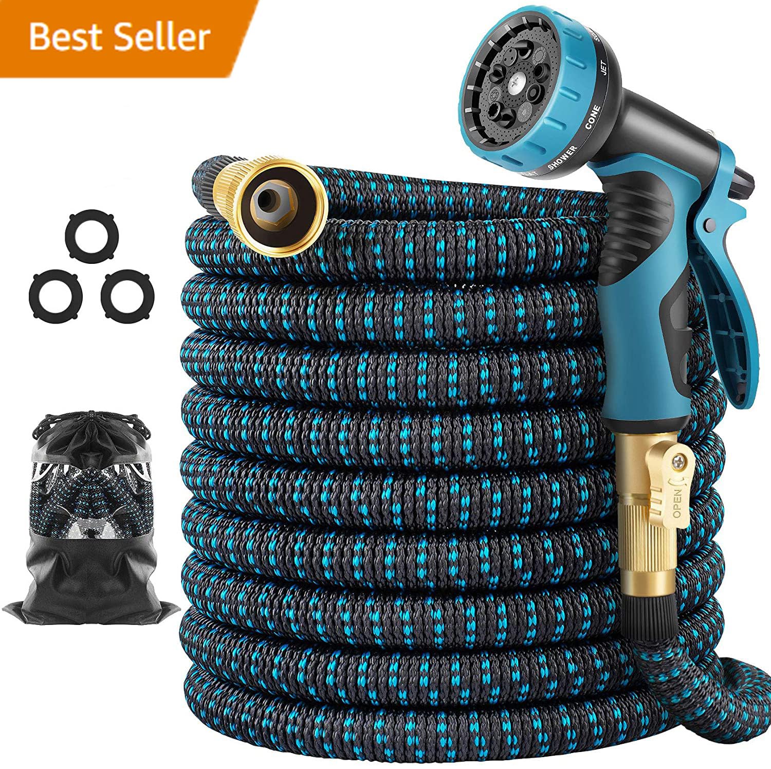 100 ft Expandable Garden Hose - Flexible Water Hose with 10 Spray Nozzle -Car Wash hoses with 3/4" Solid Brass Connector - Flexible Expanding Hoses with 10 Pattern Spray Nozzle