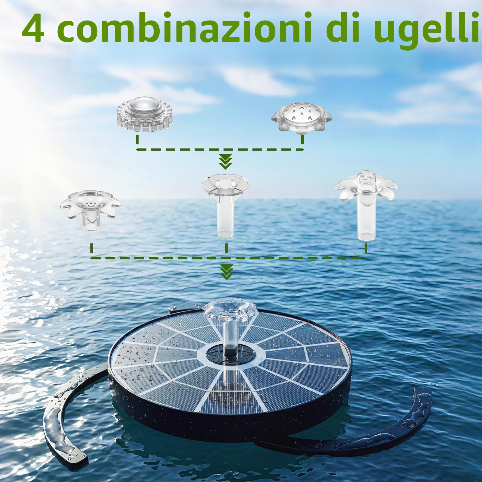 AISITIN Fontana solare per esterni, aggiornata, 3,7 W, per esterni, con 4 effetti di spruzzo, pompa solare per laghetto, fontana galleggiante per giardino, bagno di uccelli, stagno, gioco d'acqua