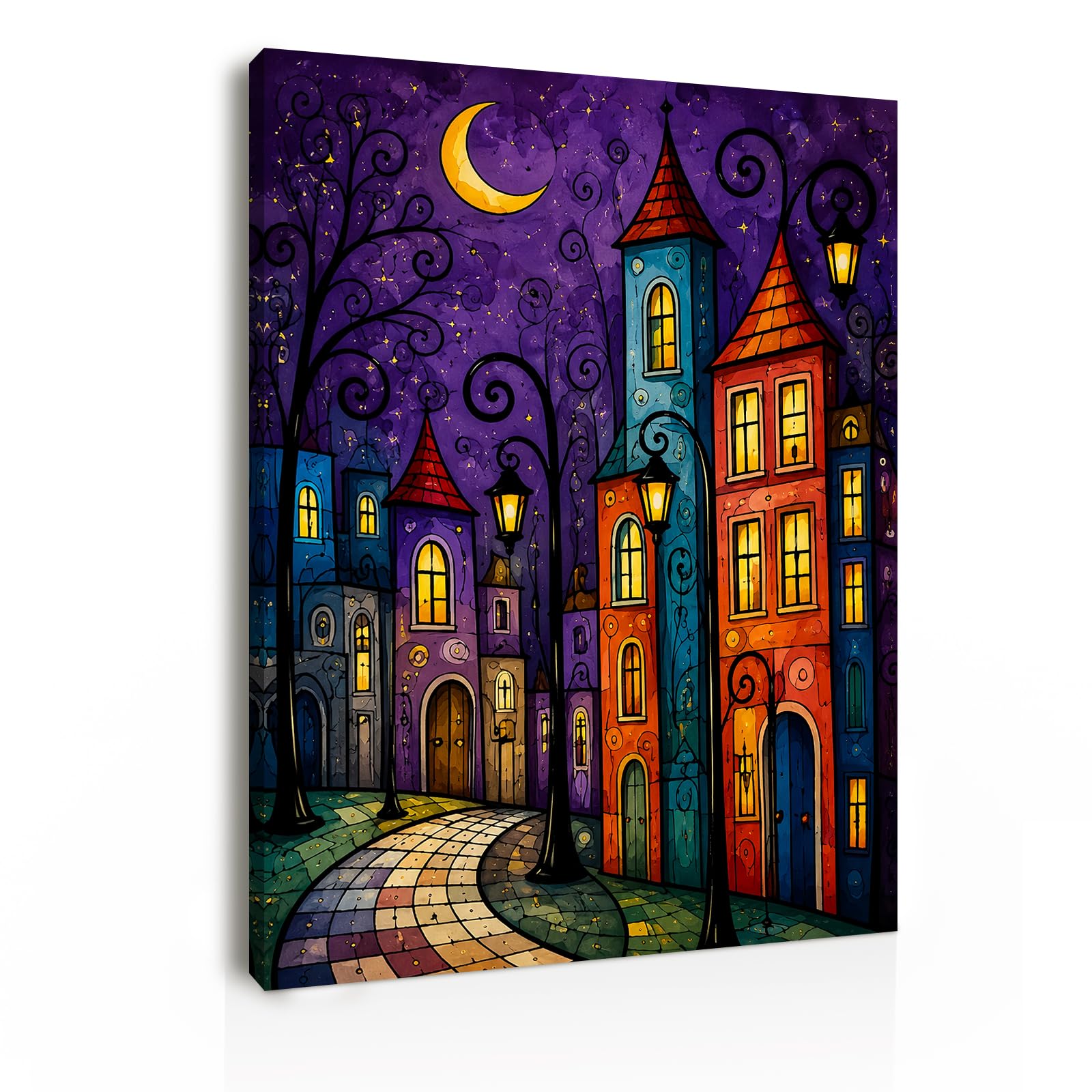Canvas Pictures with Frame 30x40 cm, Colourful Moonlit Village Wall Art, Whimsical Night Town Framed Canvas Prints for Bedroom Living Room Home Office, with Hook-and-Loop Pads and Hanging Hook