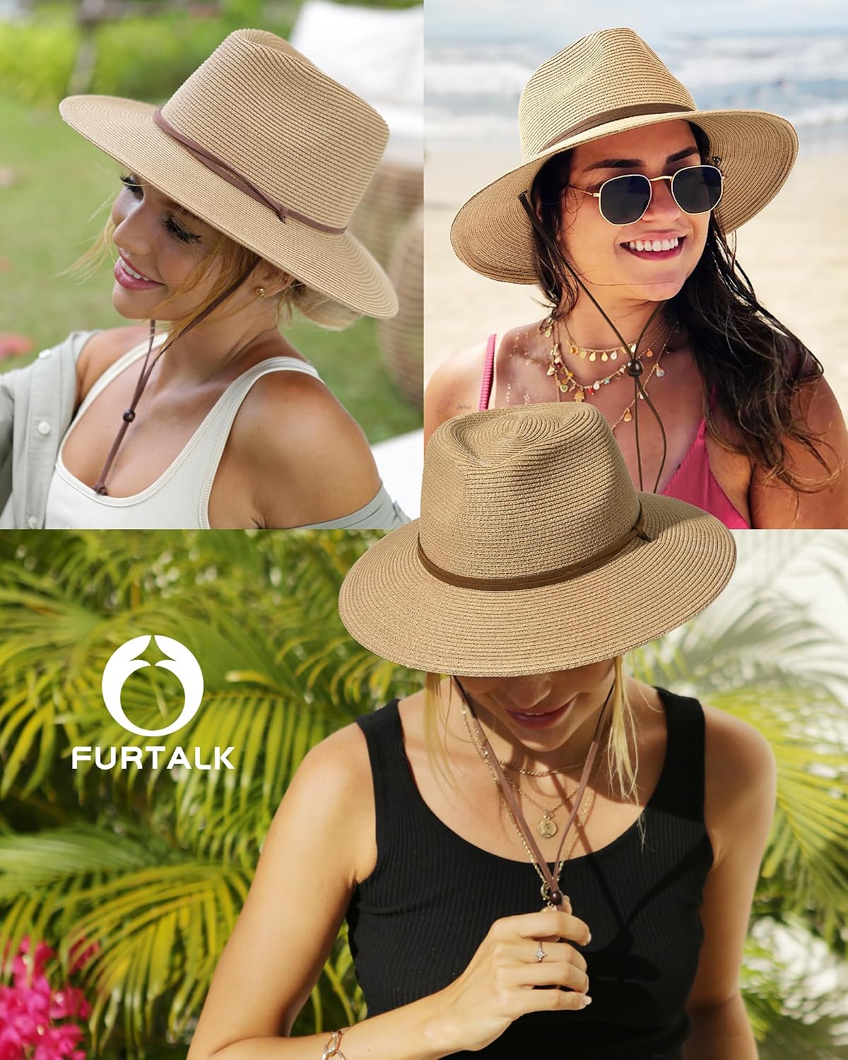 FURTALK Sun Hat Panama Fedora Straw Beach Hat with Wind Lanyard UPF | Packable for Travel, Hidden Hook and Loop Fit, Breathable Sweatband, Ideal for Summer Pool, Hiking & Gardening