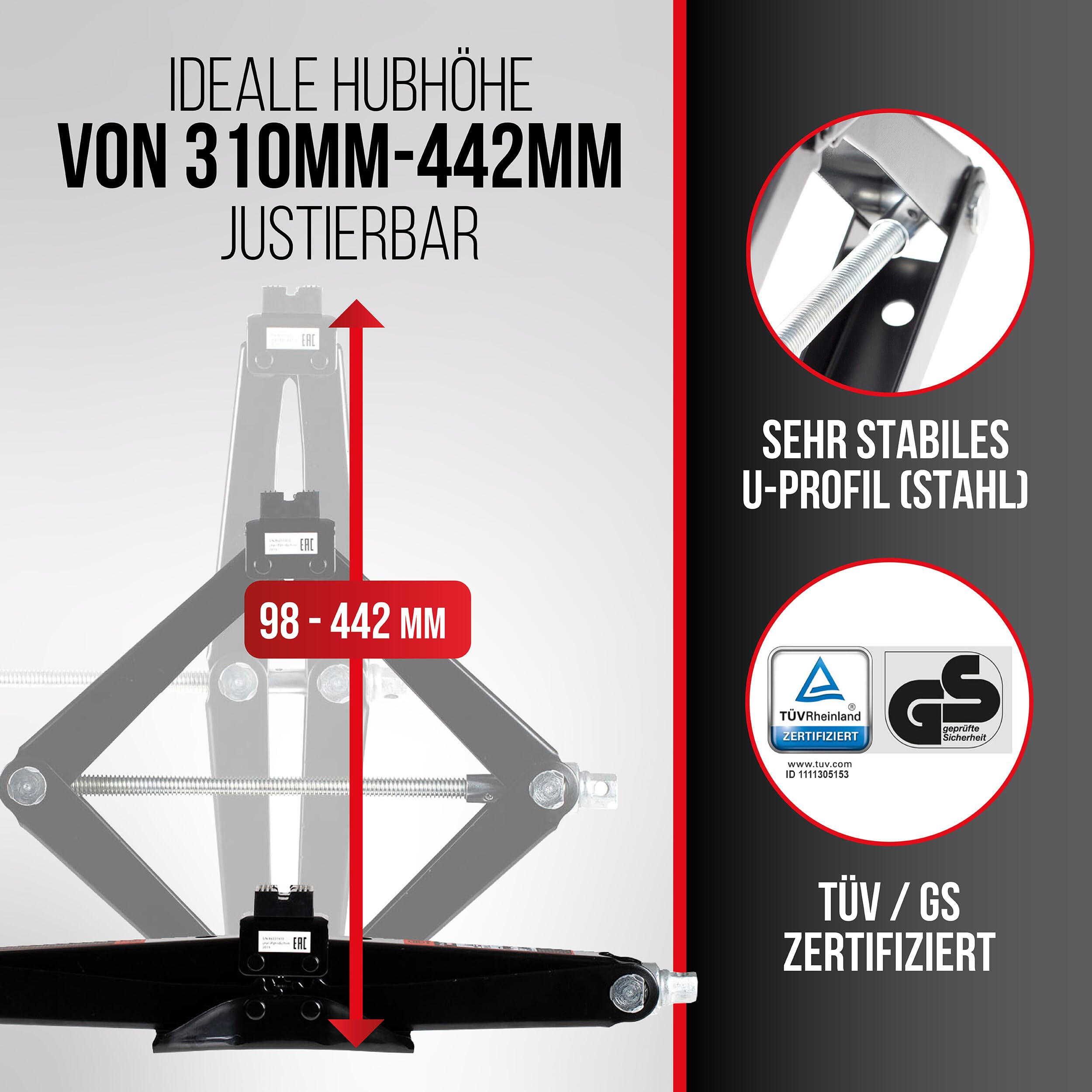 HEYNER® Cric à Ciseaux 2t, Hauteur de Levage, 320-442mm, TÜV & GS, cric avec manivelle et Support en Caoutchouc, pour remorque/Voiture - avec Sacoche