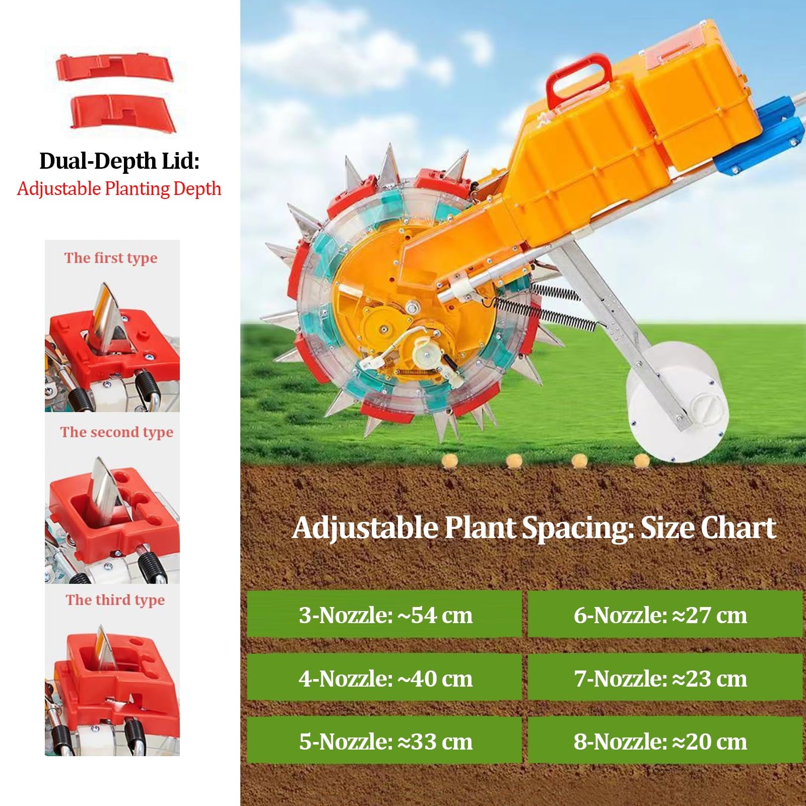 Seminatrice a Spinta Manuale a 8 uscite, Portatile, con Funzione di Semina e distribuzione di fertilizzanti, profondità e spaziatura Regolabili, per Mais, soia, Arachidi e Cotone