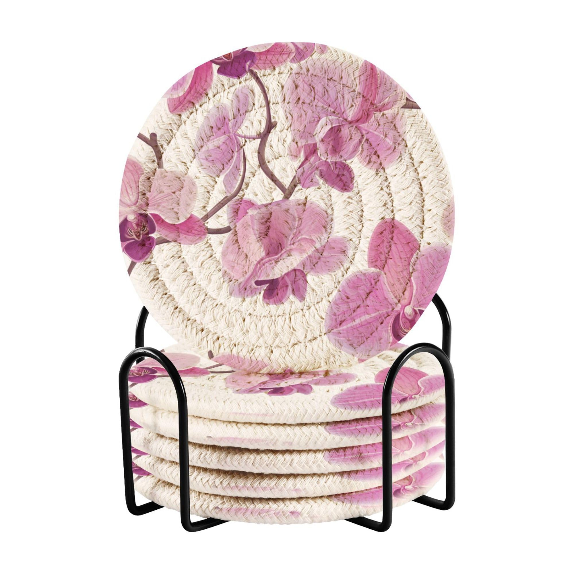 Chic Orchid White Cotton Rope Coasters Absorbent Set with Holder 6 Pack Absorbant Coasters