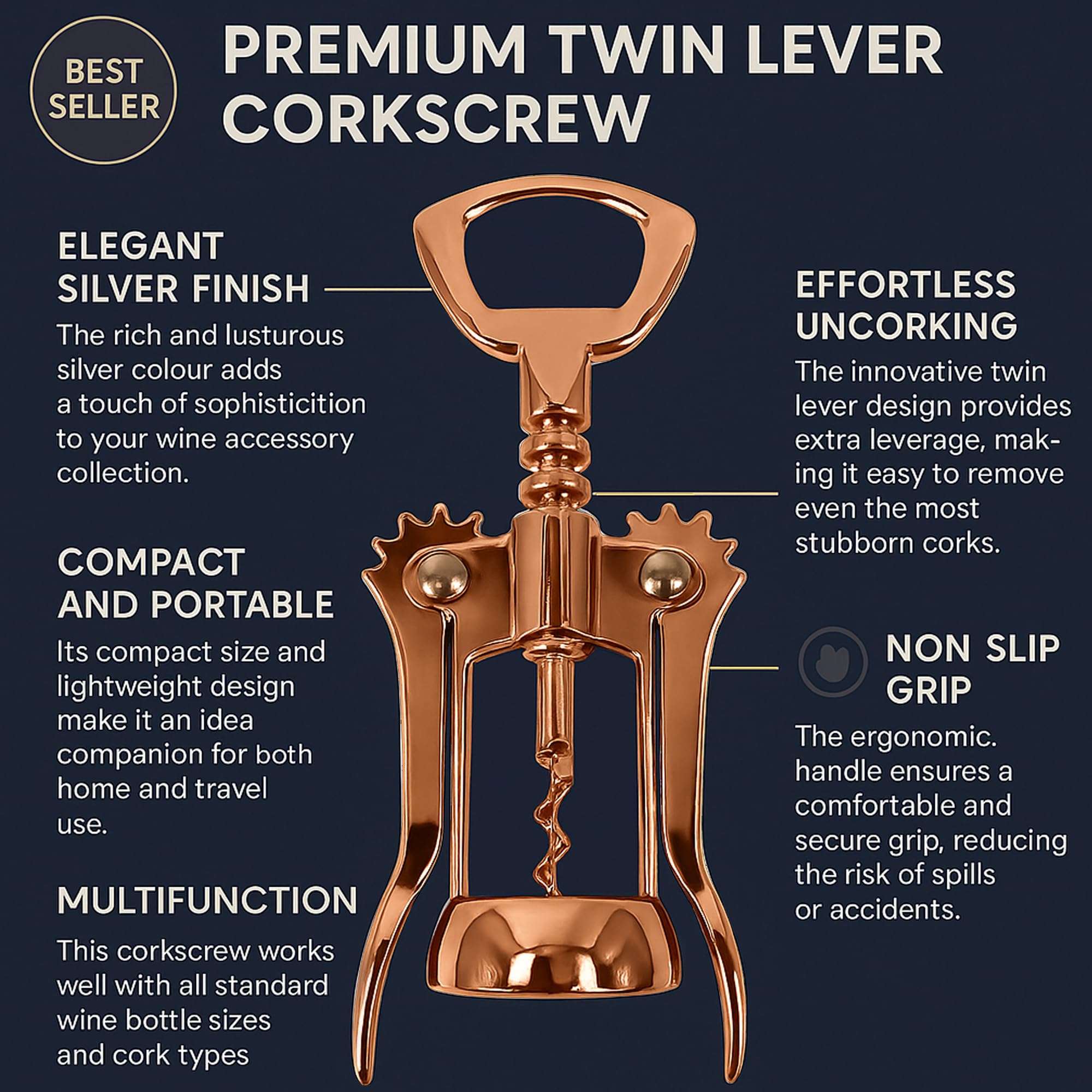 Premium Kupfer Doppelhebel-Korkenzieher Weinflaschenöffner, langlebiges ergonomisches Design für müheloses Öffnen der Flasche, ideal für Rot-, Weiß- und Schaumweine, stilvolles