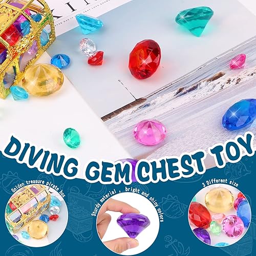 Miniatura 3 de YUJUN Juguetes de piscina de gemas de buceo, 10 coloridas gemas de diamante grande con caja de cofre de pirata del tesoro, juego de piedras