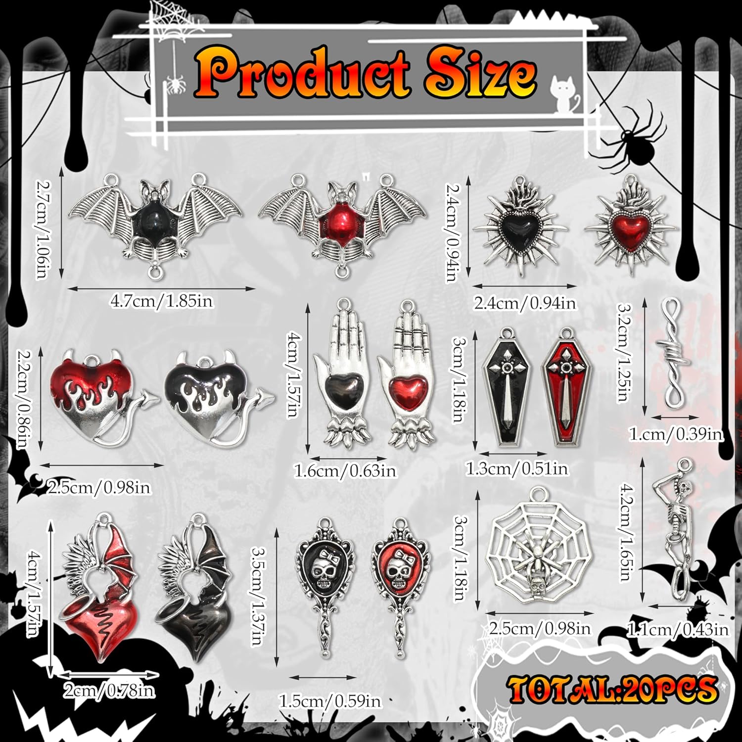 BELICEY 20pcs Halloween Charms for Jewelry Making Red Metal Skeleton Hand Goth Pendant Charm Tombstone Bat Horror Charms for Bracelets Earring Necklace DIY Craft - Image 4
