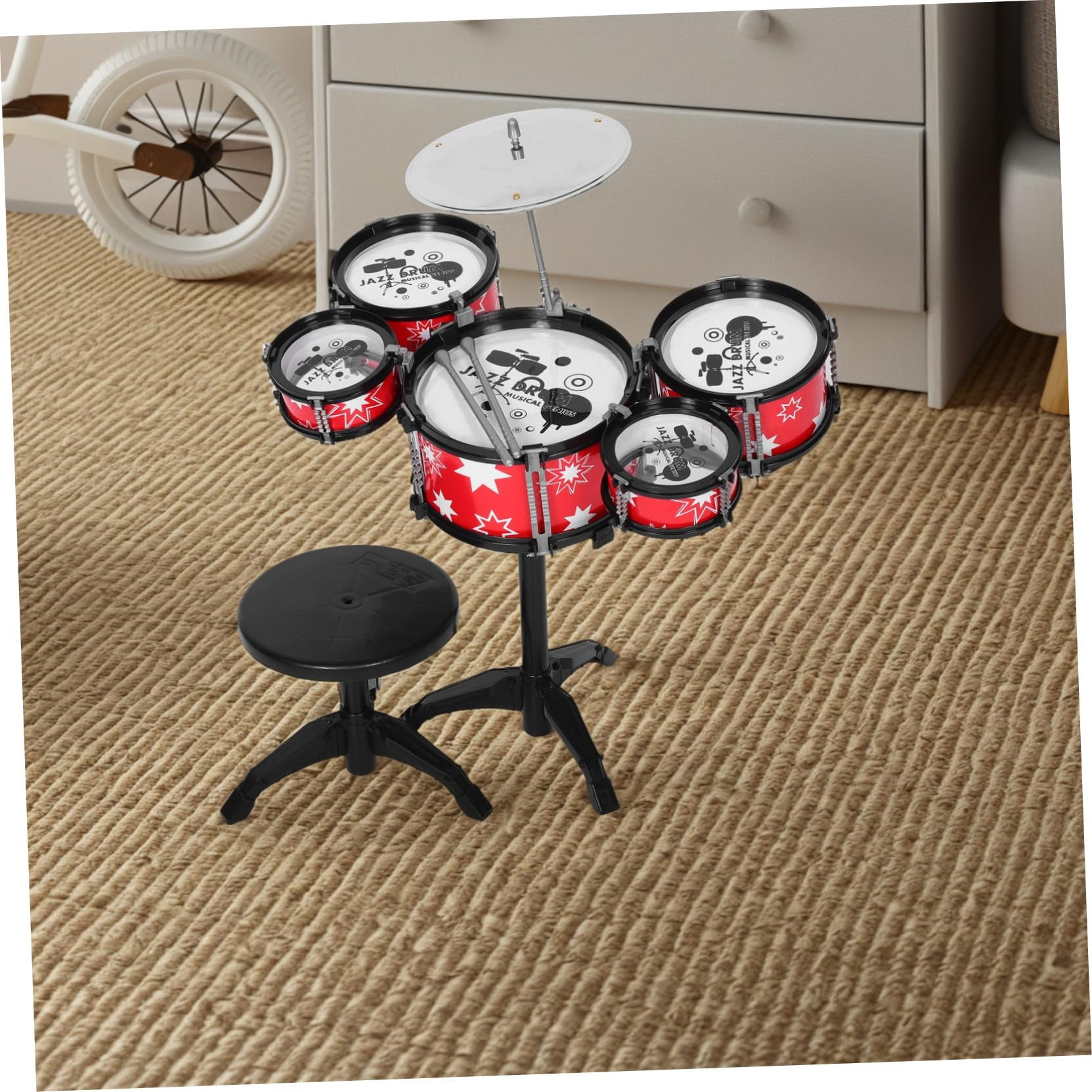 Batería de Jazz para Niños Pequeños Roja de Plástico | Construcción Resistente, Diseño Realista, Juguete Musical para Niños y Bebés
