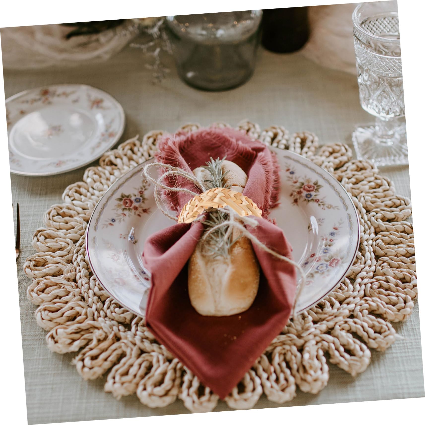 Ronds de Serviette en Paille Tressée Lot de 6 Beige Rustique | Décoration de Table Mariage, Lot de 6 Pièces, pour Dressage et Réception