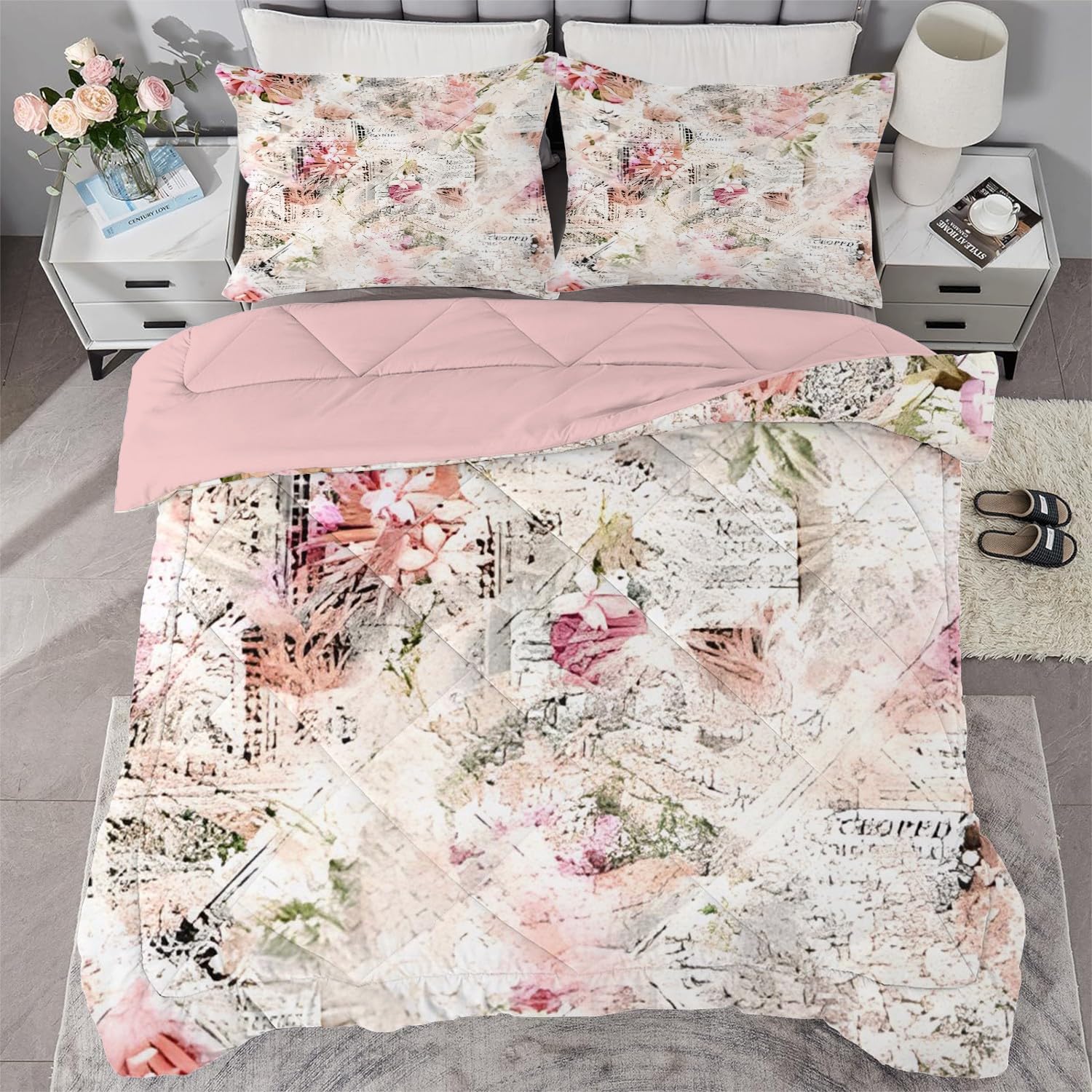Qiwagu Pink Duvet Single, Coverless Duvet 7.5 Tog with Retro Floral Pattern, Soft Lightweight Comforter Set for Autumn Summer, 1 Quilt Single 135x200cm with 1 Pillowcase, Machine Washable