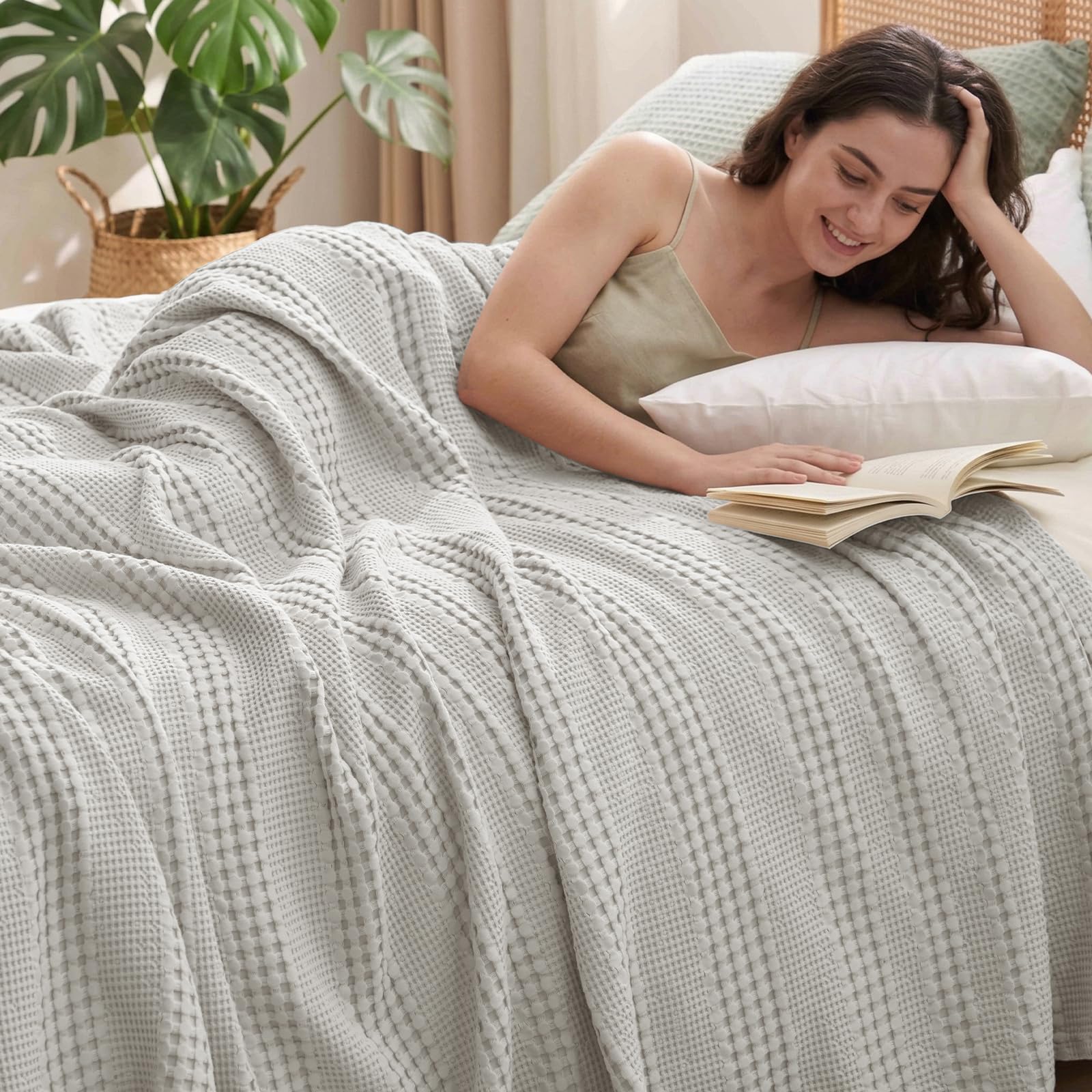 phf cooling waffle blanket queen size, lightweight 60% rayon from bamboo & 40% cotton breathable blanket for hot sleepers, spring & summer use, soft luxury for bed couch sofa, 90"x90", grey