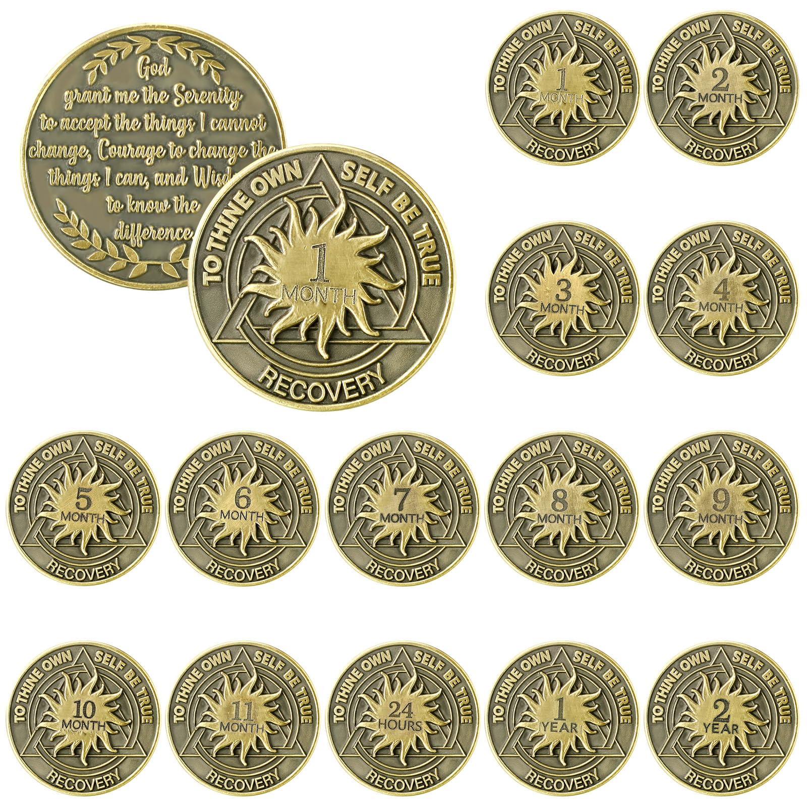 Kenning 14 Pcs Sobriety Coin 1-11 Month 1 Year 2 Year 24 Hours AA Medallions Commemorative Serenity Prayer Chips Recovery Anniversary Token for Men Women Alcoholics Anonymous Sober Gift, Bronze