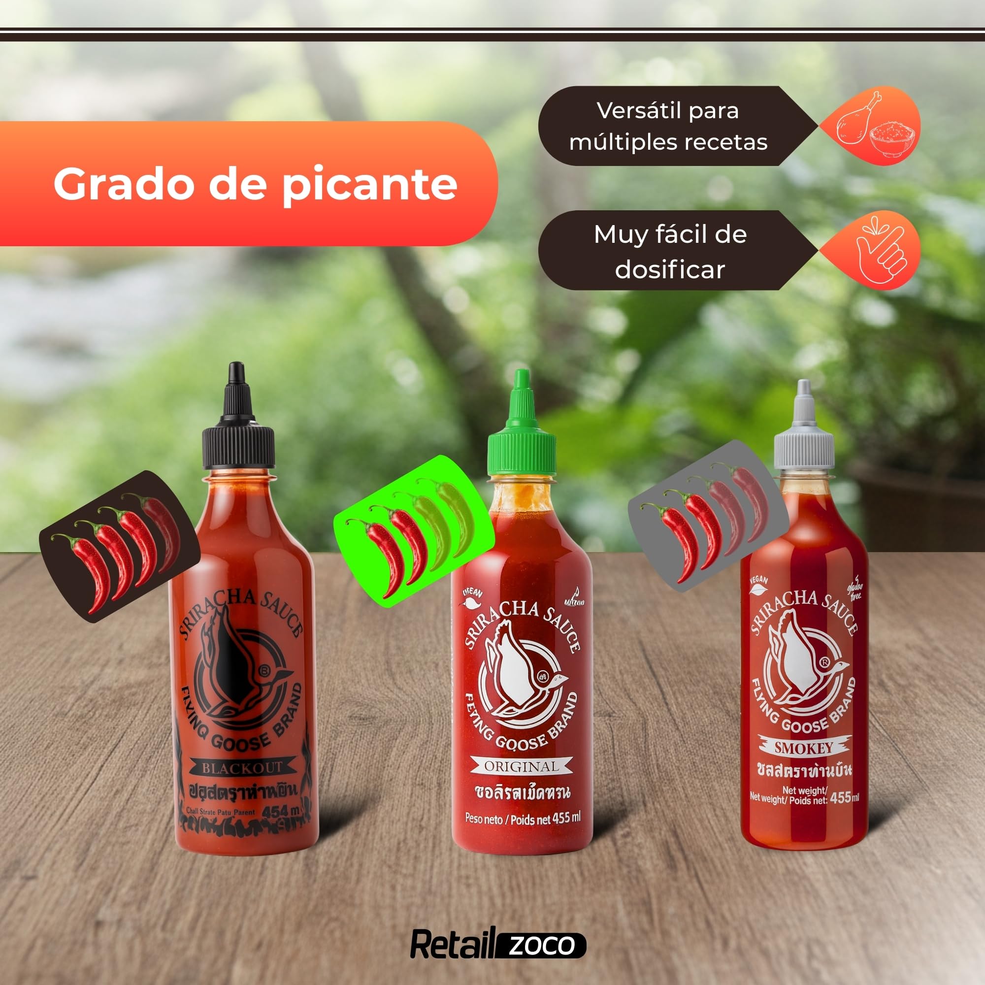 Pack degustación Flying Goose Salsas de chile Picante Sriracha Original 455 ml + Sriracha Black Out 455 ml + Siracha Smokey Ahumada 455 ml, Ideal para dipear, hamburguesas y otros, 3 botes de 455 ml