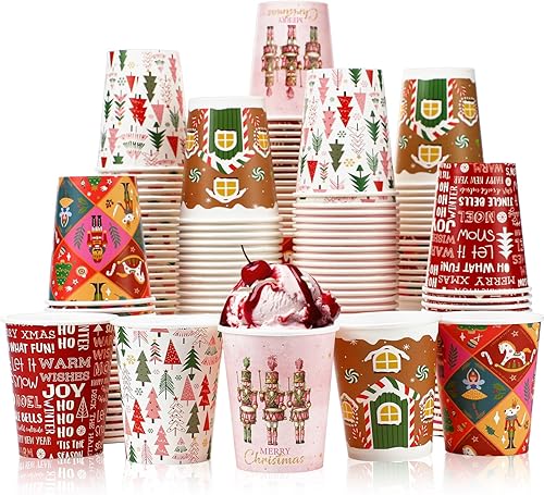 Miniatura 7 de Gerrii 150 vasos de papel desechables de Navidad de 9 onzas, tazas de papel de chocolate caliente, tazas de papel de cacao para bebidas de invierno,