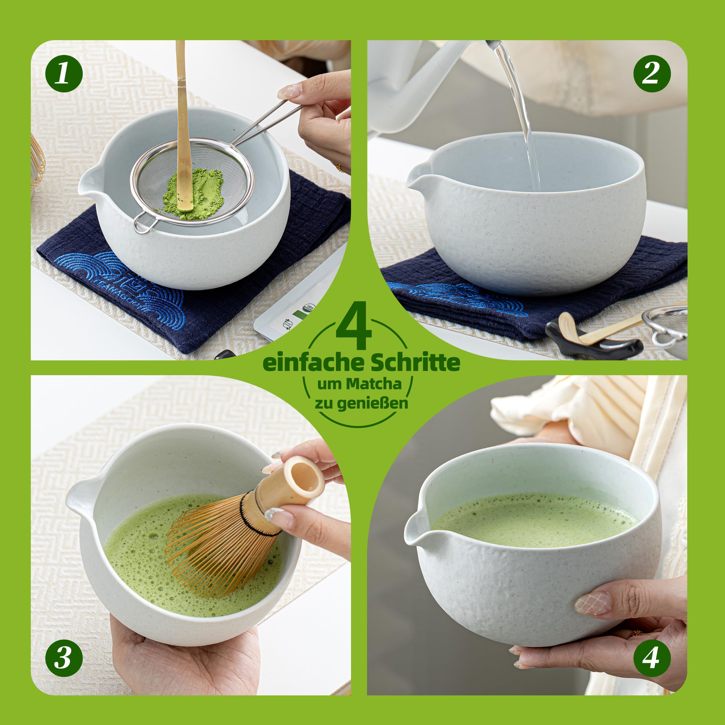 Matcha Tee Set 7-teilig - Keramik Schale Mit Bambus Besen In Emerald