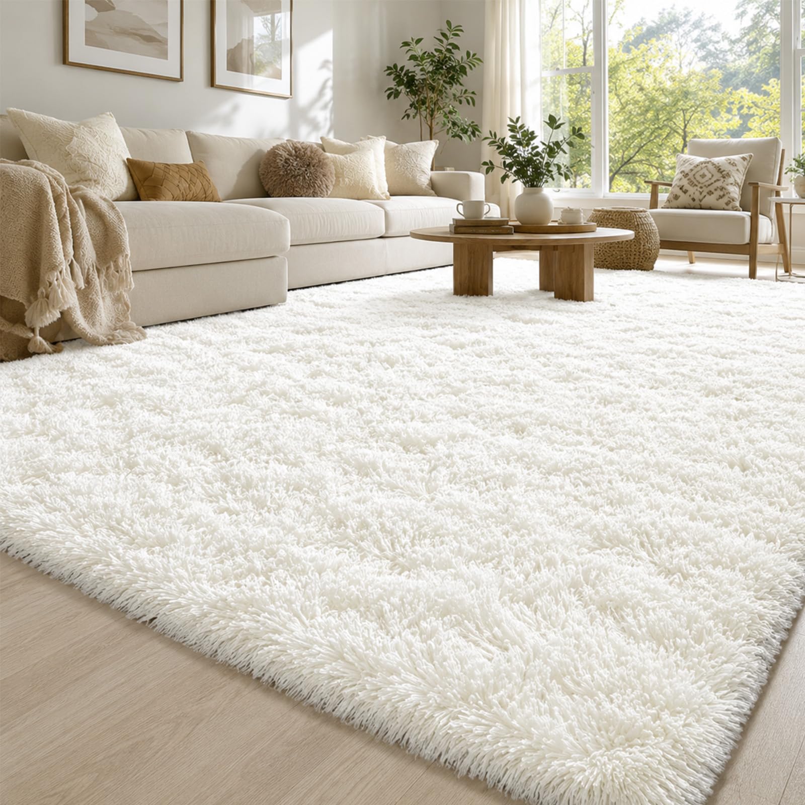 Hochflor Teppich Wohnzimmer 140x200cm, Creme Fuzzy Shaggy Flauschiger Teppich für Schlafzimmer Teppiche, Modern Plüsch Wohnzimmerteppich Bettvorleger High-Pile Carpet rutschfest für Kinderzimmer