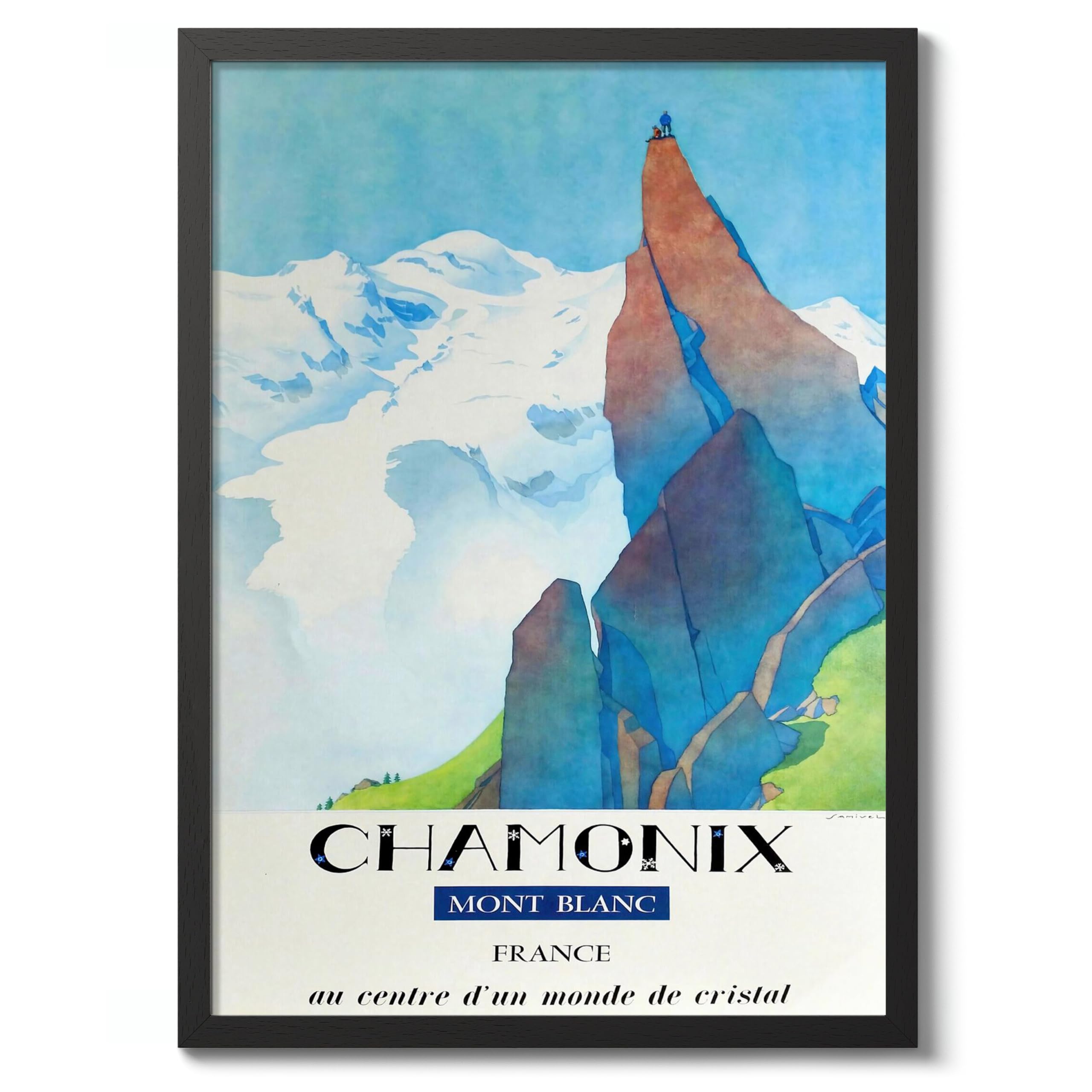 Chamonix, Mont Blanc Vintage Skiing Poster, Minimalist Wall Art, Mountain Travel Prints, Snow, Ski Trip Home Decor, A5 (Black Frame) - 24.1x17.9cm