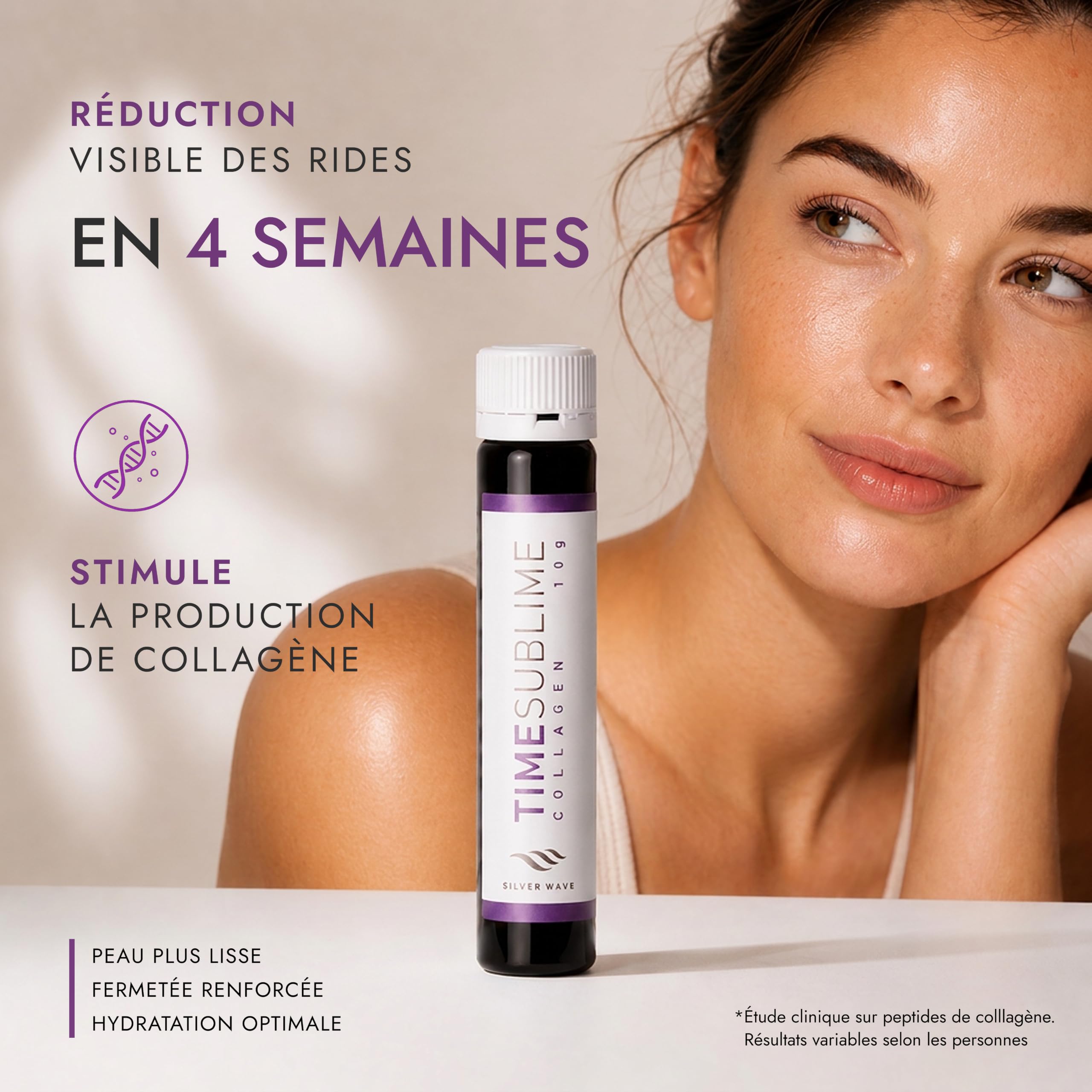 Silver Wave Time Sublime Collagen Drink – Collagène à Boire Hydrolysé 10 g – Cure Beauté Peau Anti-Âge, Fermeté & Élasticité – Vitamine C, Zinc, Biotine – Sans Sucres Ajoutés – 28 Flacons x 25 ml