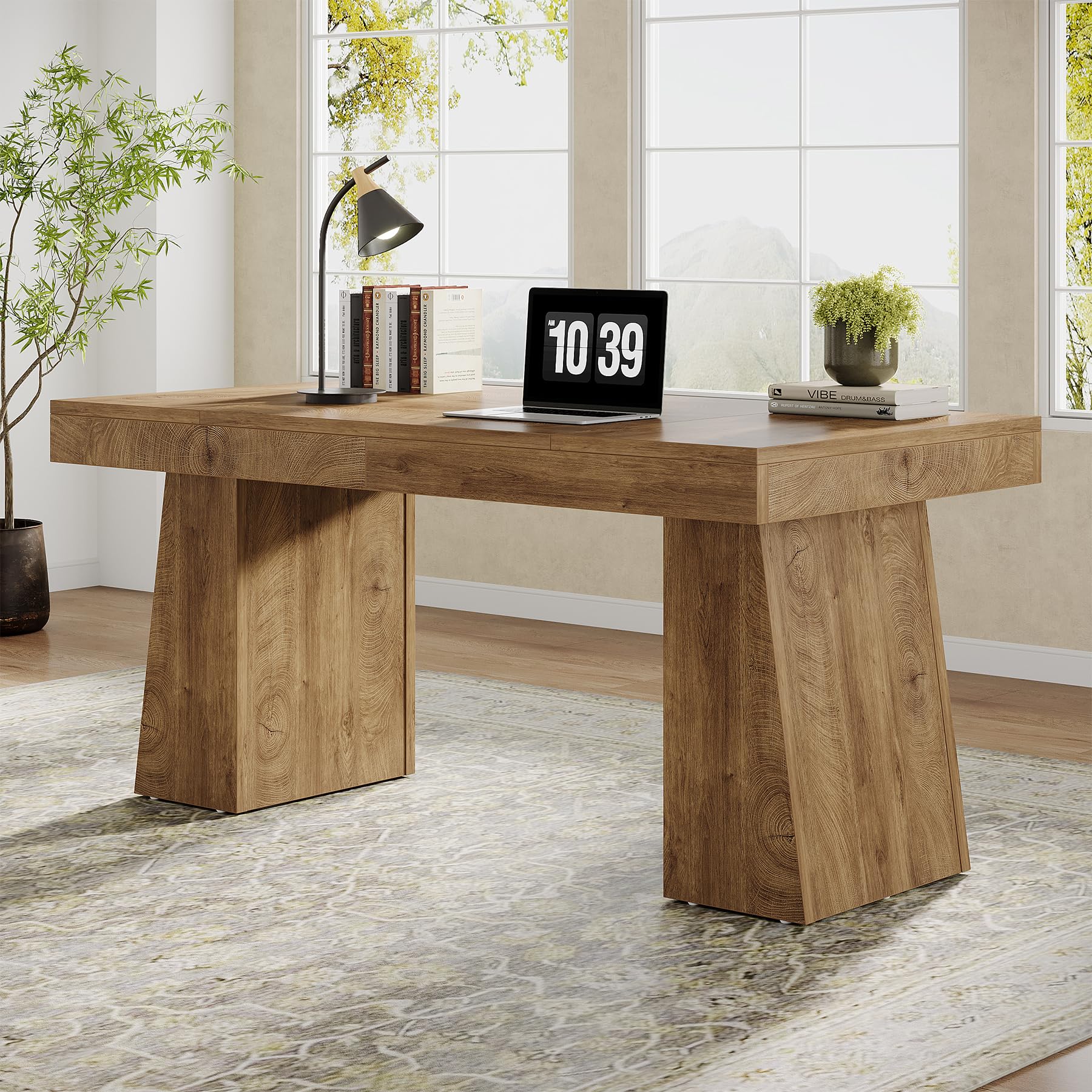 Tribesigns 55" Executive Desk, Wooden Office Desk with Double Pedestal, Modern Simple