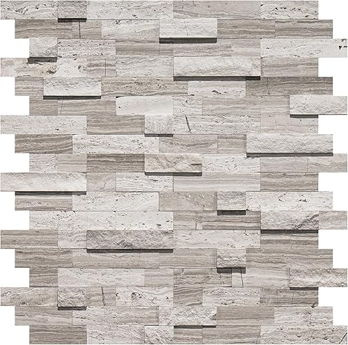 Azulejos de mosaico de piedra natural 3D de 5 hojas, 12 x 11 pulgadas para despegar y pegar, azulejos de pared autoadhesivos de color gris mixto