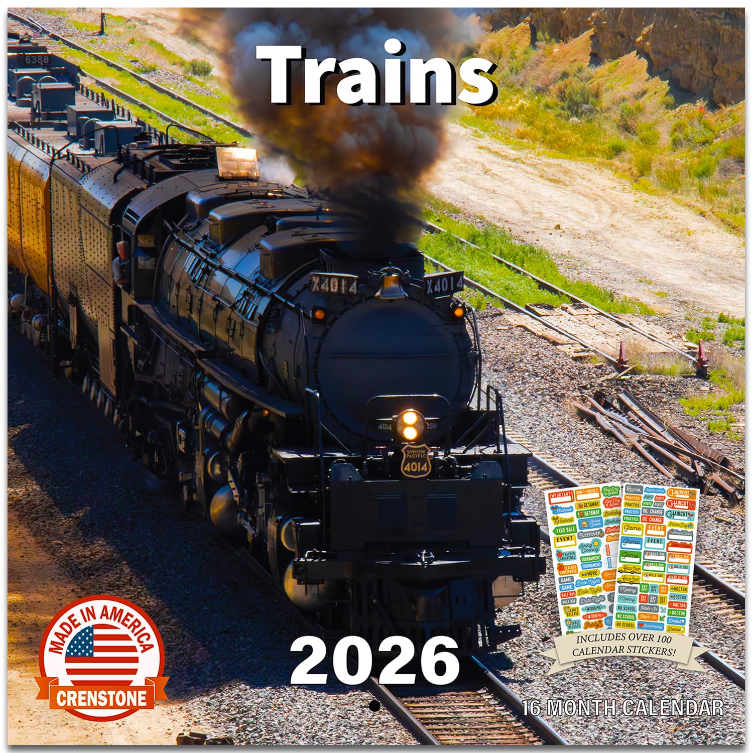 Trains Calendar 2026 - Deluxe 2026 Railroad Wall Calendar Bundle with Over 100 Calendar Reminder Stickers (Steam Train Gifts, Office Supplies) | Made