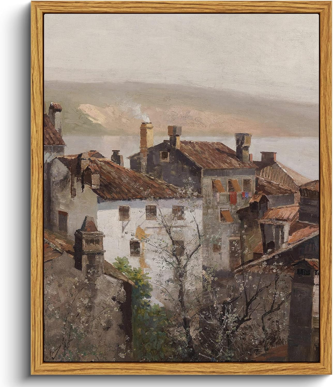 VIYYIEA Vintage Framed Canvas Wall Art, European Towns Landscapes Art, Living Room Hallway Bedroom Library Rustic Retro Neutral Decor, Small Antique Country Town Picture Paintings,8x10 Inch Rustic Country Architecture 10L" x 8W"