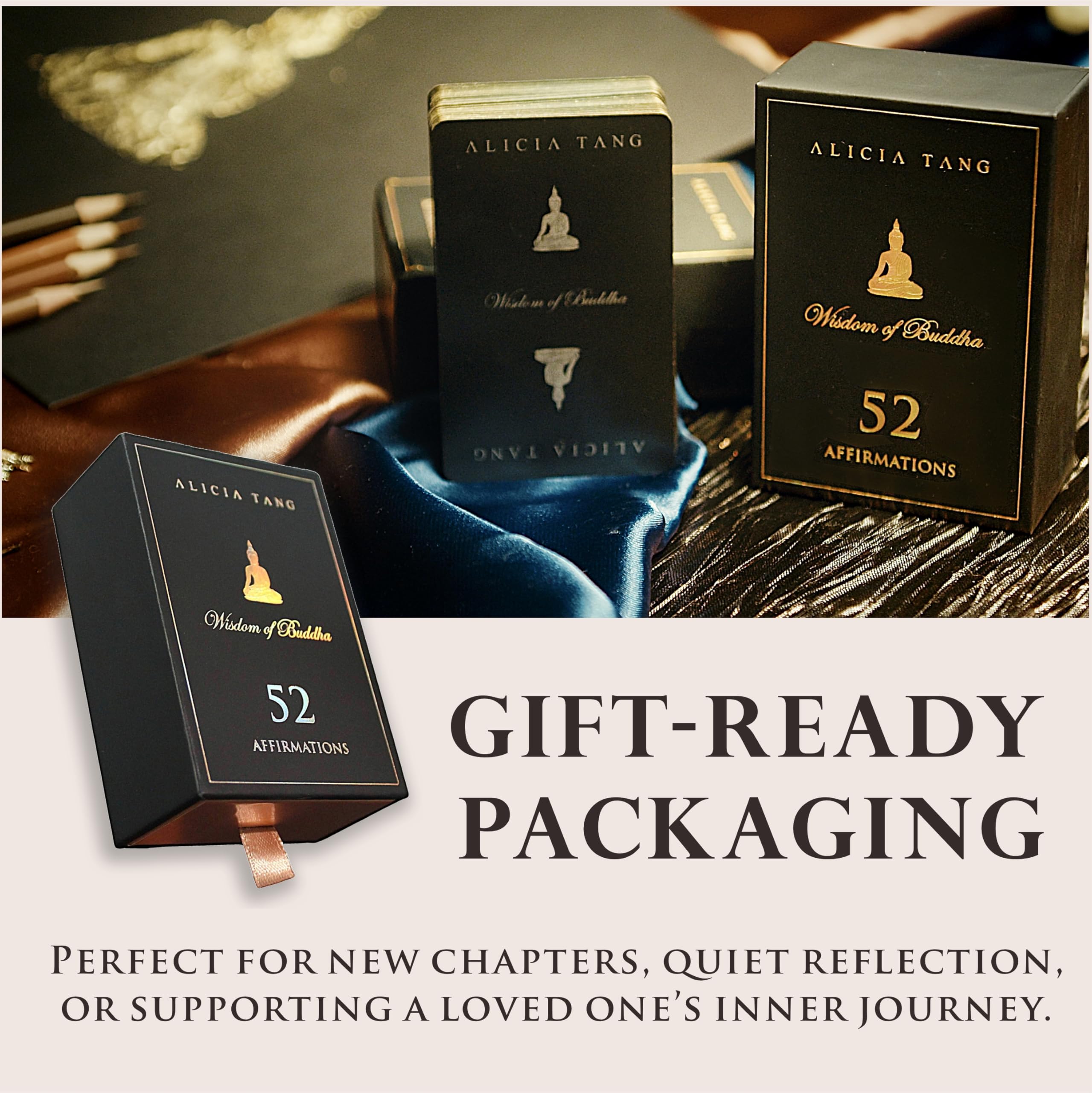 Wisdom of Buddha Oracle Cards | 55 Affirmation Pocket-sized Card Deck for Inner Peace and Clarity, Includes Hand-Illustrated Artwork by Alicia Tang and Sanskrit Mantra Amulet