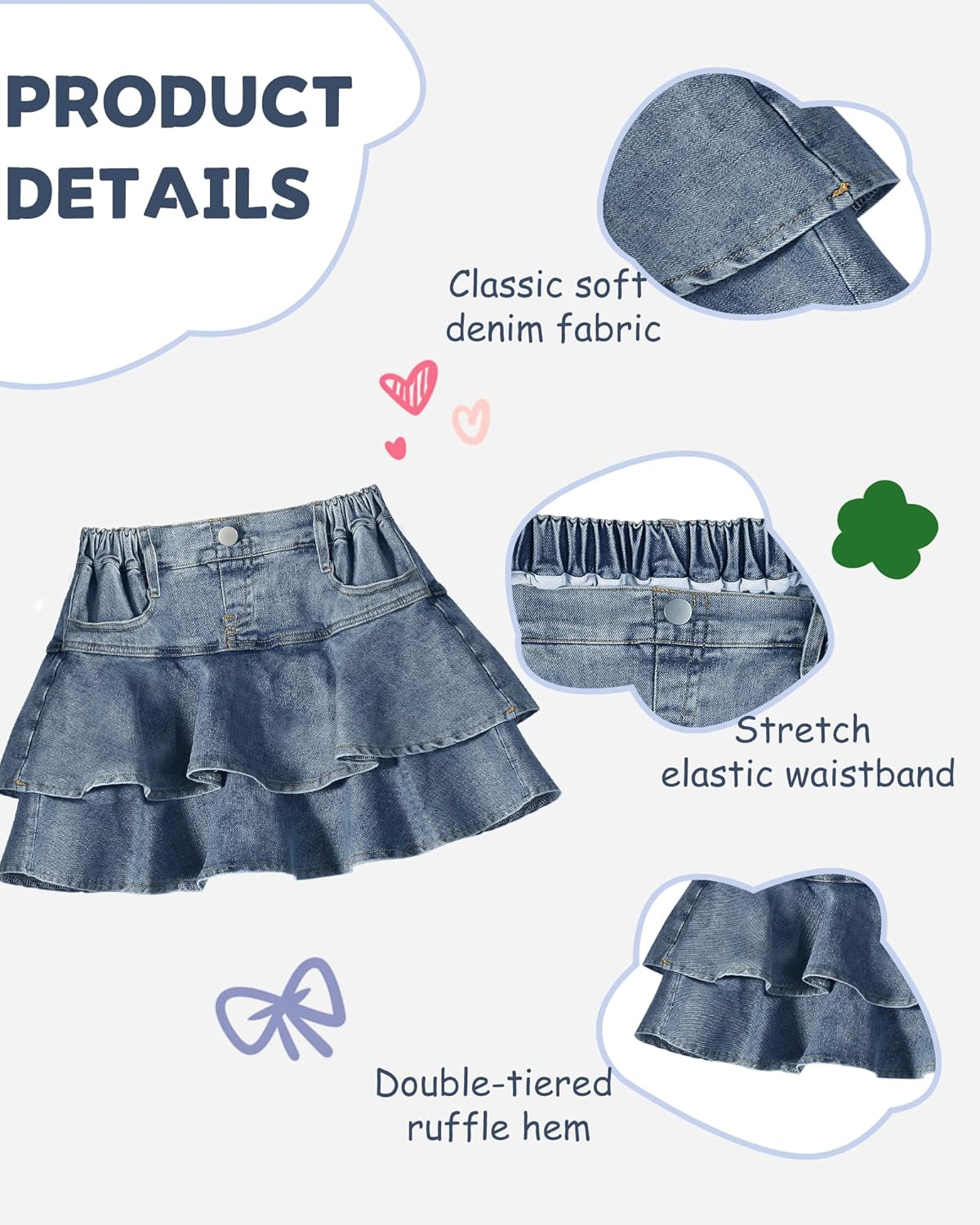 Girls Jean Skirt Toddler Girl Denim Skirt with Shorts Underneath Skorts 3T-10Y - Image 5